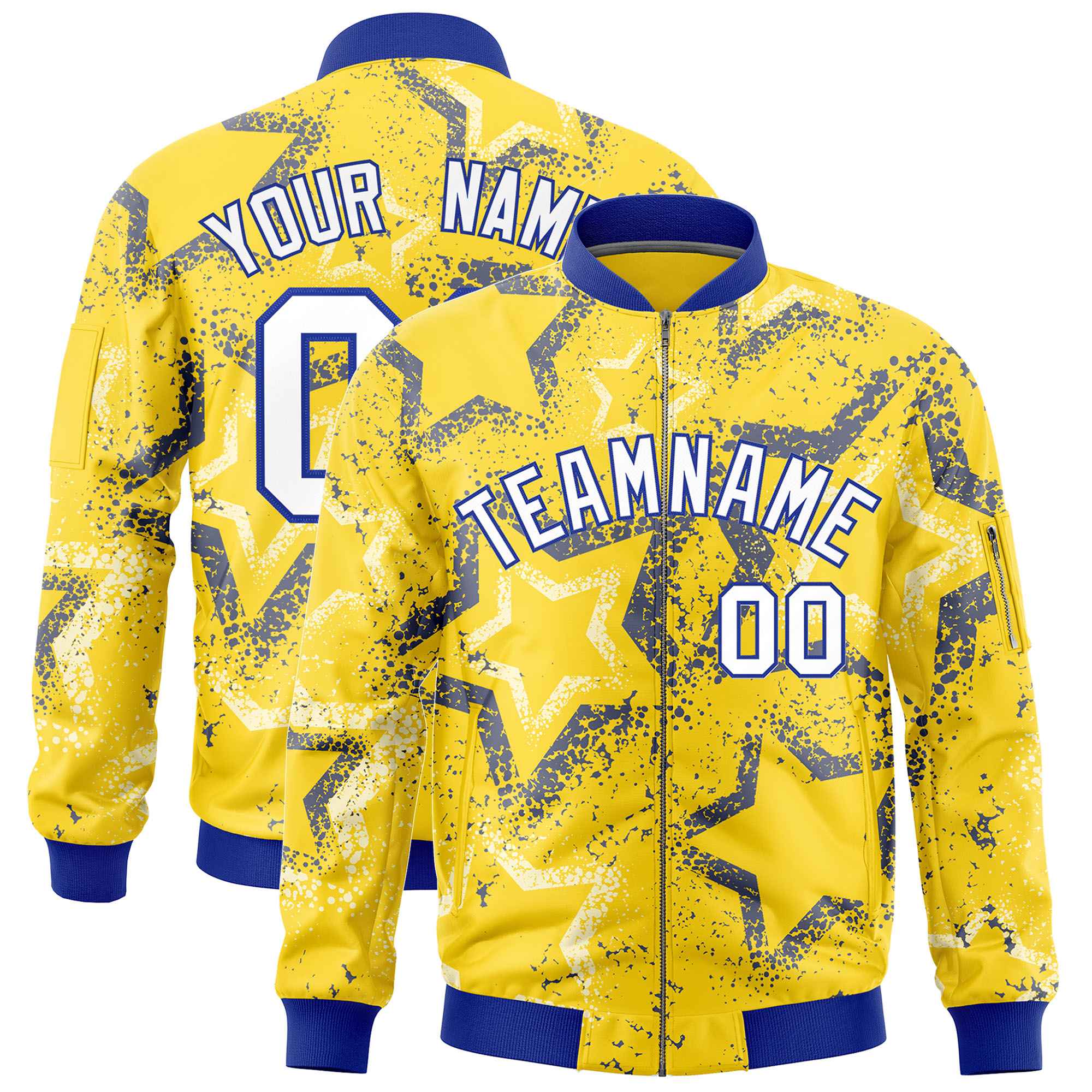 Custom Gold Varsity Full-Zip Star Pattern Letterman Bomber Jacket