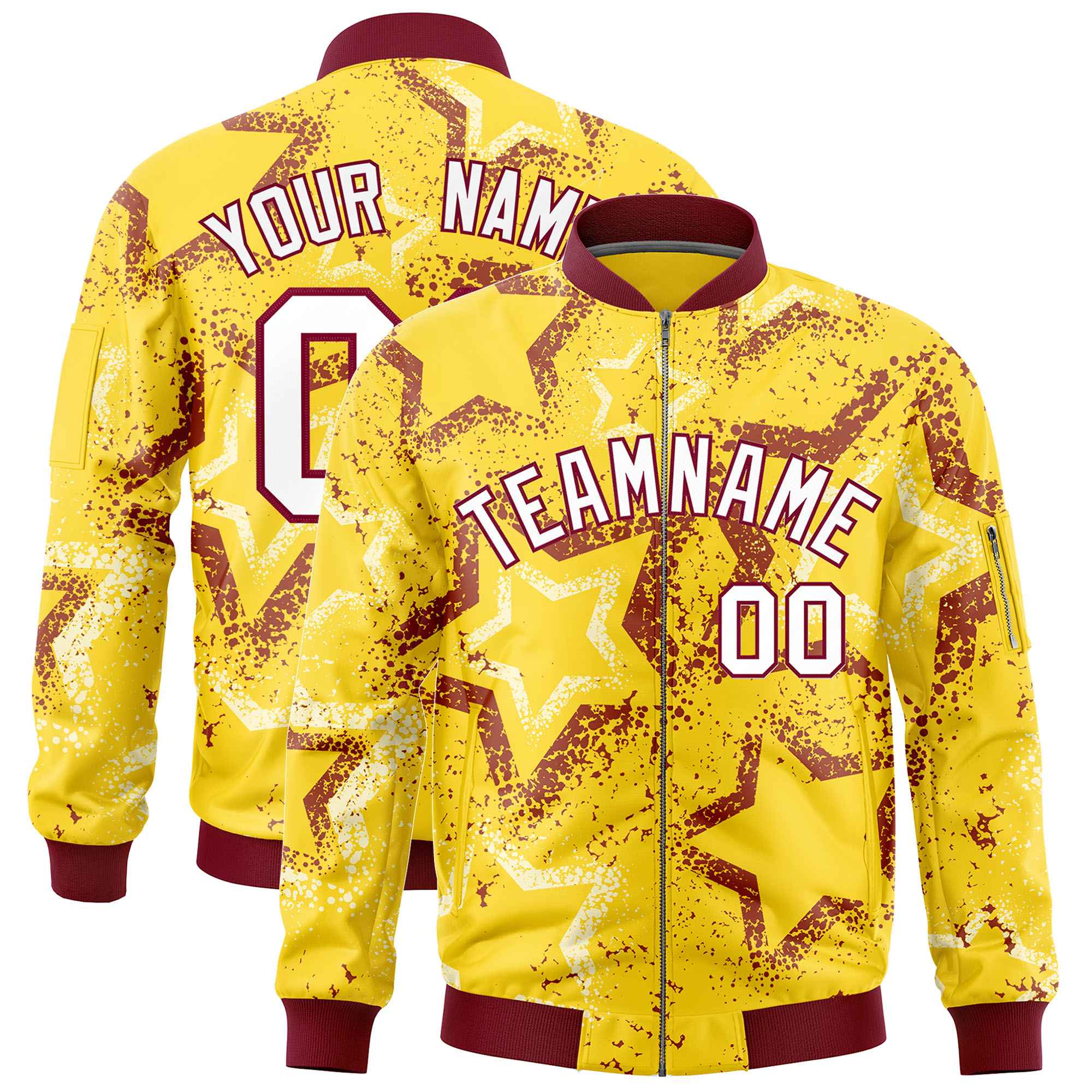 Custom Gold Varsity Full-Zip Star Pattern Letterman Bomber Jacket