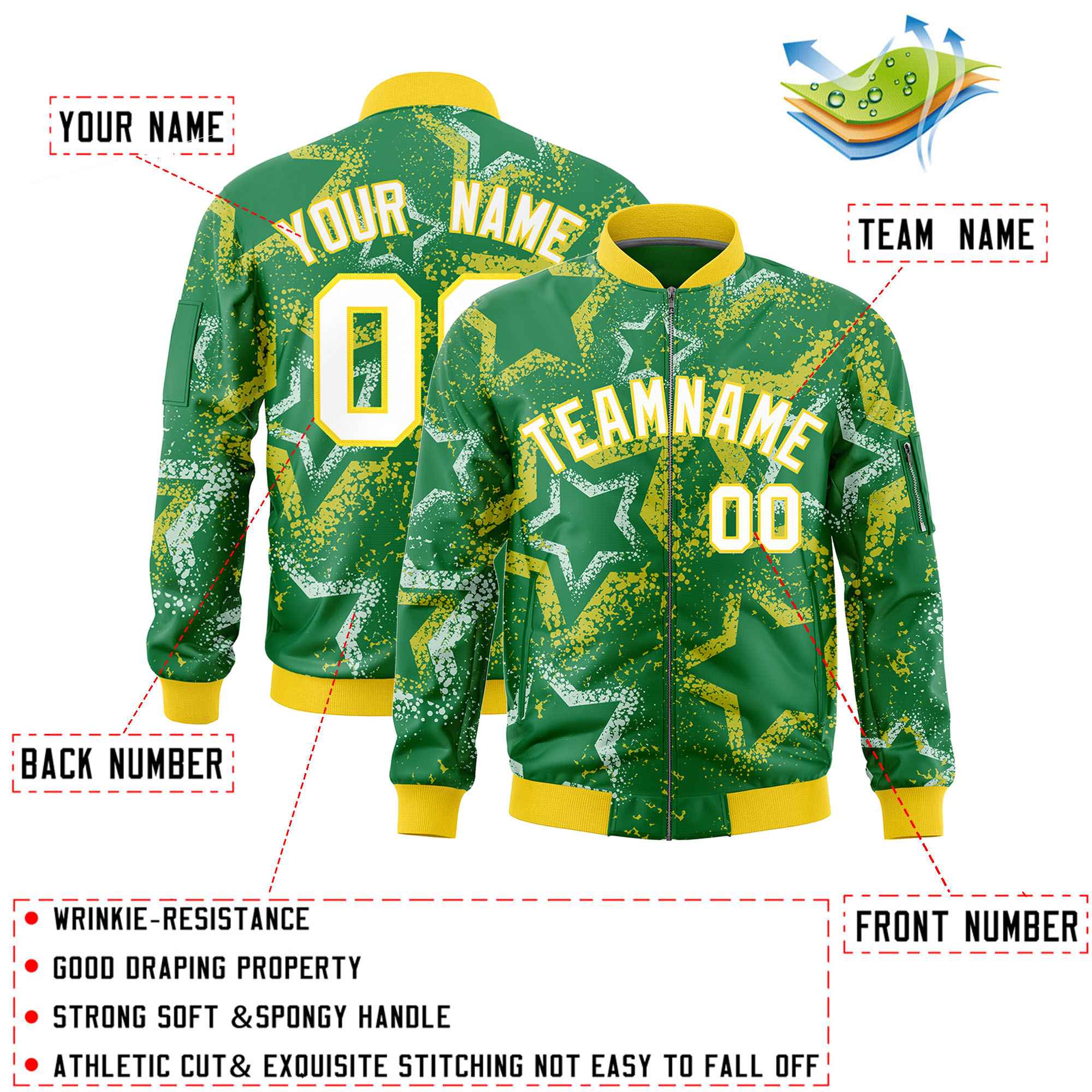 Custom Kelly Green Varsity Full-Zip Star Pattern Letterman Bomber Jacket