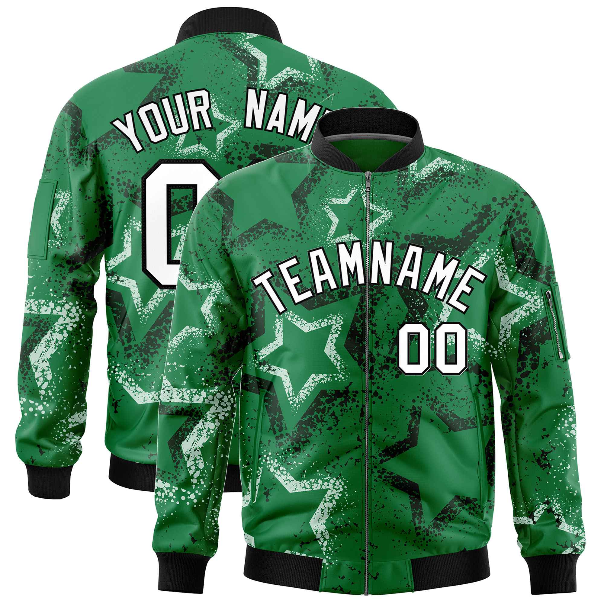 Custom Kelly Green Varsity Full-Zip Star Pattern Letterman Bomber Jacket