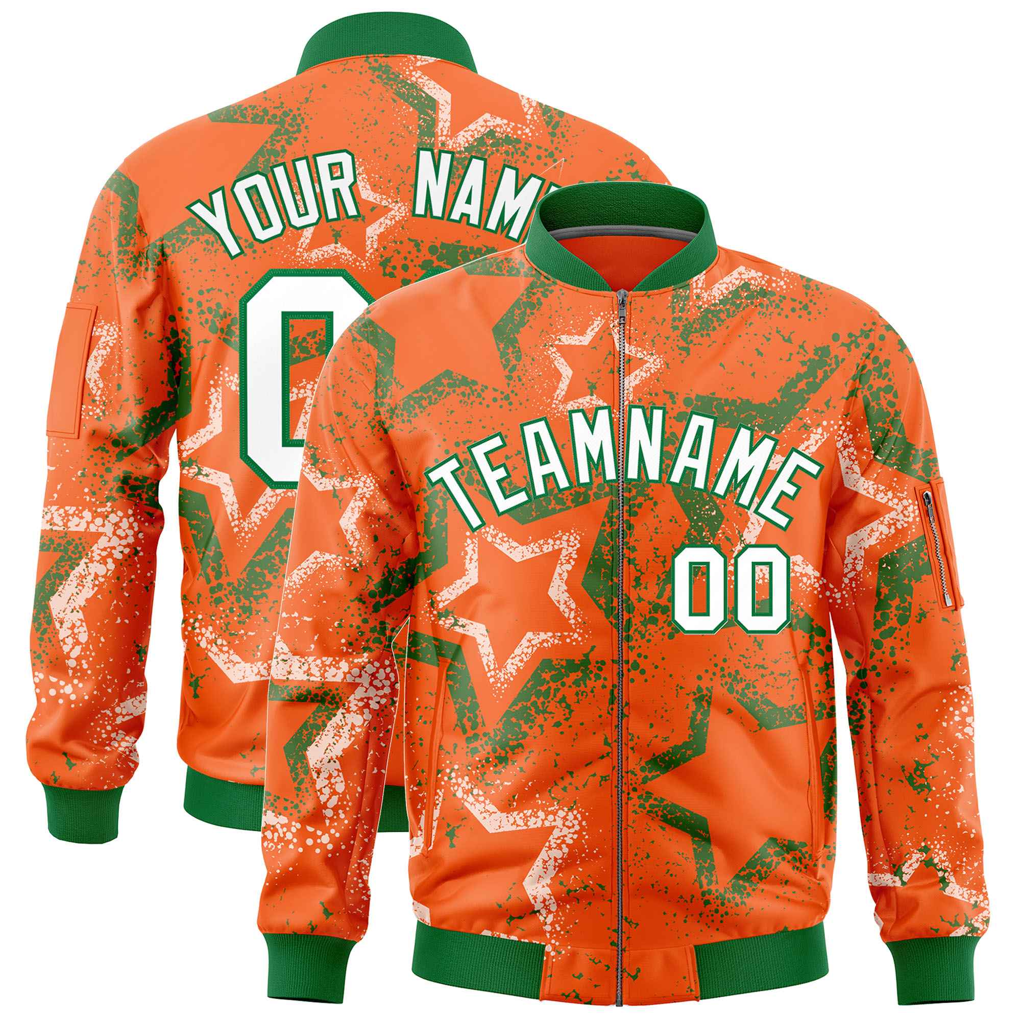 Custom Orange Varsity Full-Zip Star Pattern Letterman Bomber Jacket