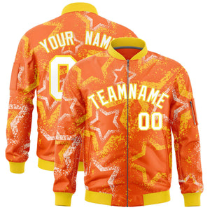 Custom Orange Varsity Full-Zip Star Pattern Letterman Bomber Jacket