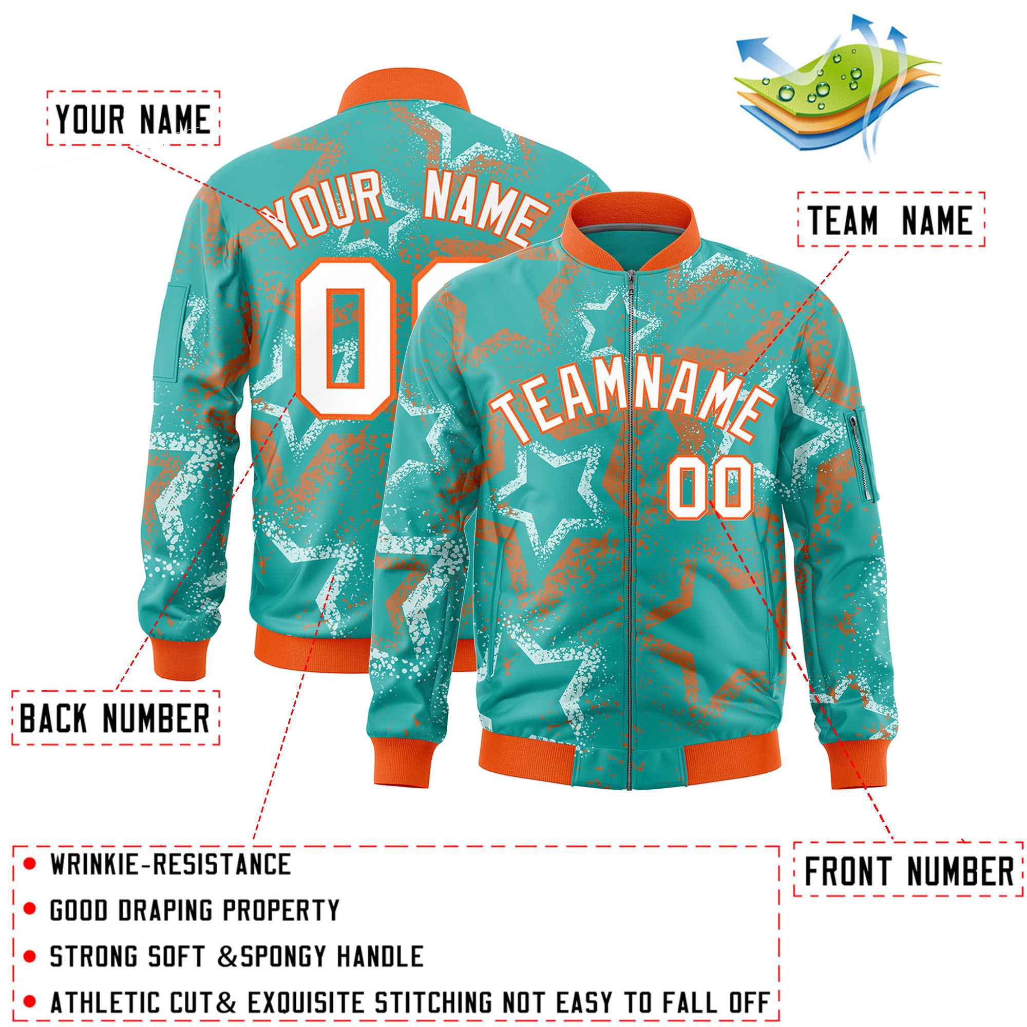 Custom Aqua Varsity Full-Zip Star Pattern Letterman Bomber Jacket