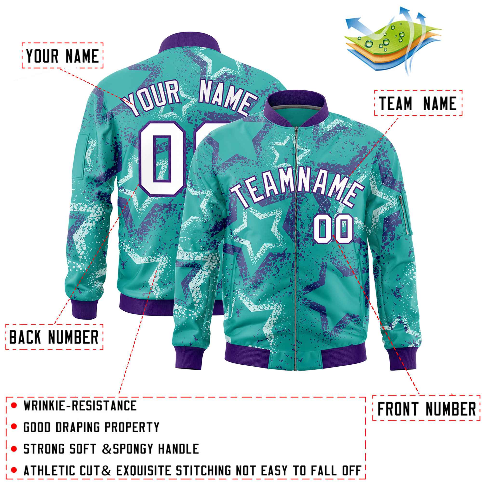 Custom Aqua Varsity Full-Zip Star Pattern Letterman Bomber Jacket