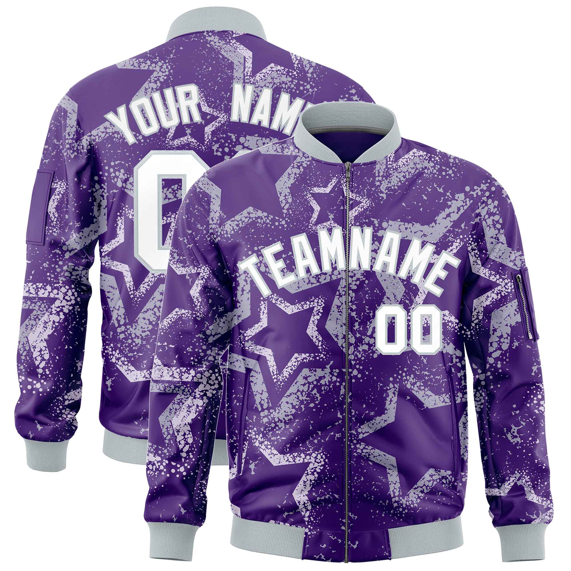 Custom Purple Varsity Full-Zip Star Pattern Letterman Bomber Jacket