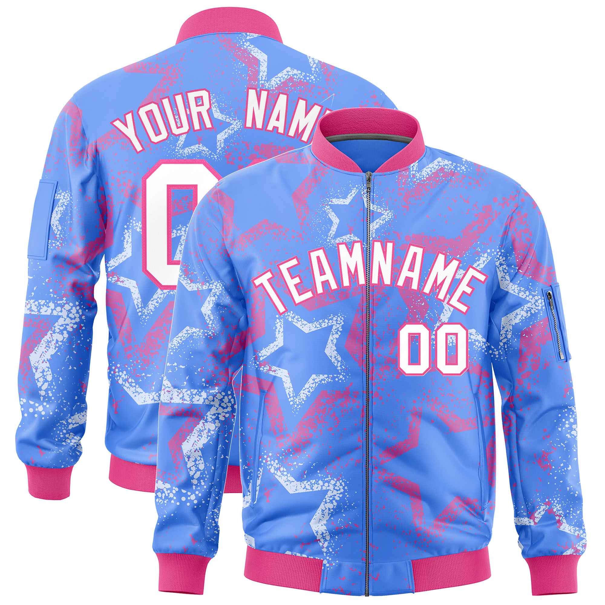 Custom Powder Blue Varsity Full-Zip Star Pattern Letterman Bomber Jacket