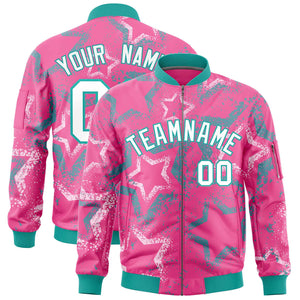 Custom Pink Varsity Full-Zip Star Pattern Letterman Bomber Jacket