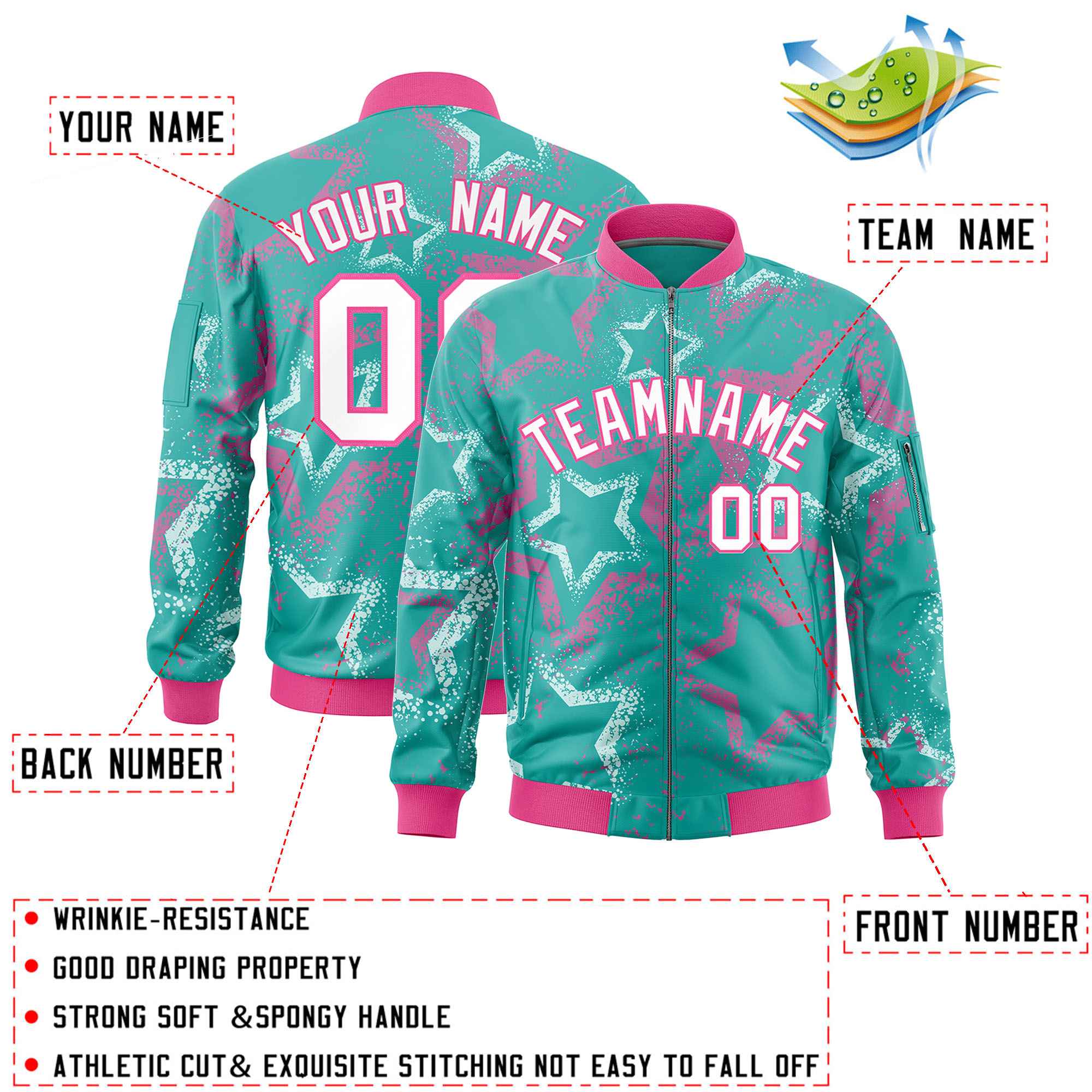 Custom Aqua Varsity Full-Zip Star Pattern Letterman Bomber Jacket