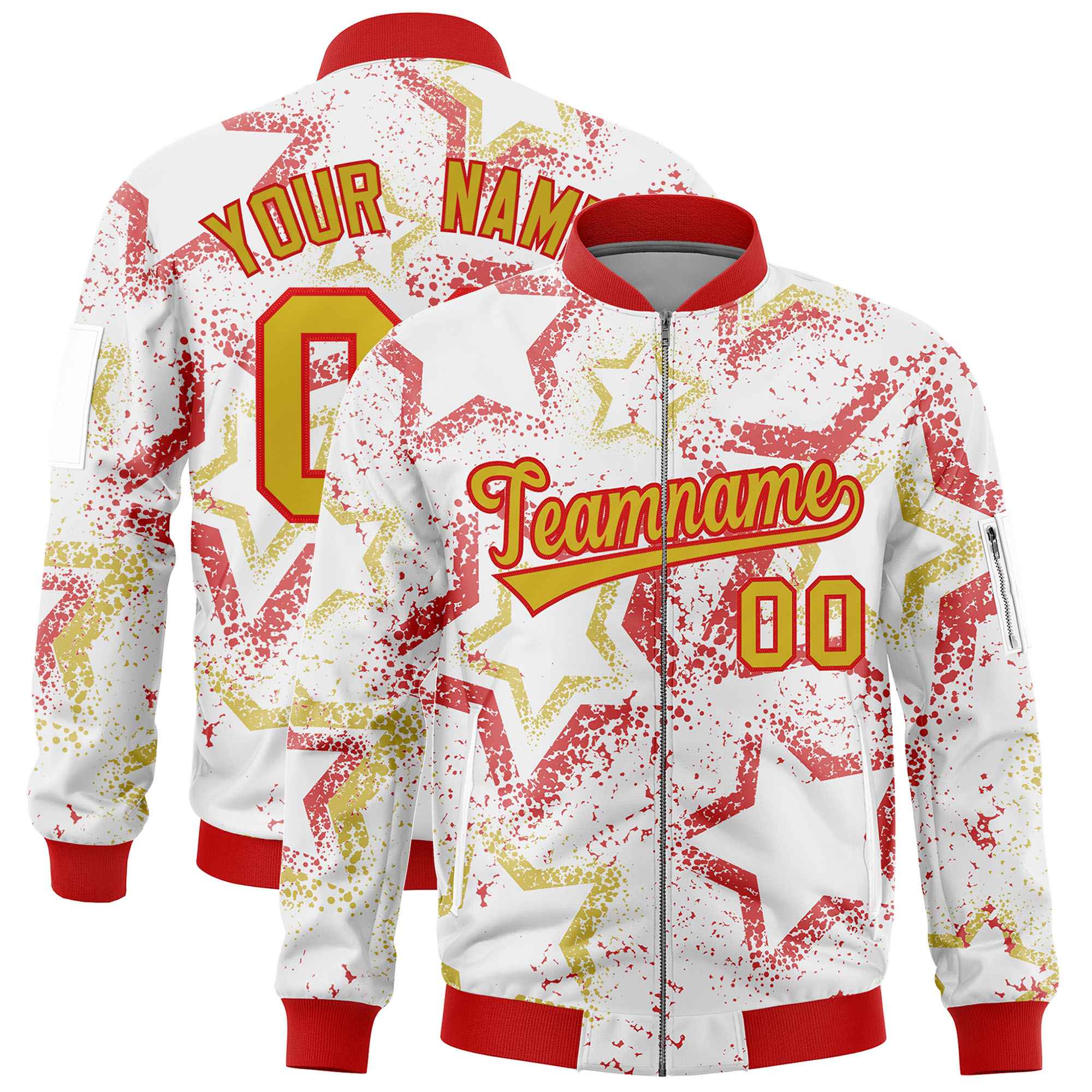 Custom White Varsity Full-Zip Star Pattern Letterman Bomber Jacket