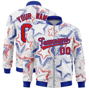 Custom White Varsity Full-Zip Star Pattern Letterman Bomber Jacket