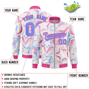 Custom White Varsity Full-Zip Star Pattern Letterman Bomber Jacket