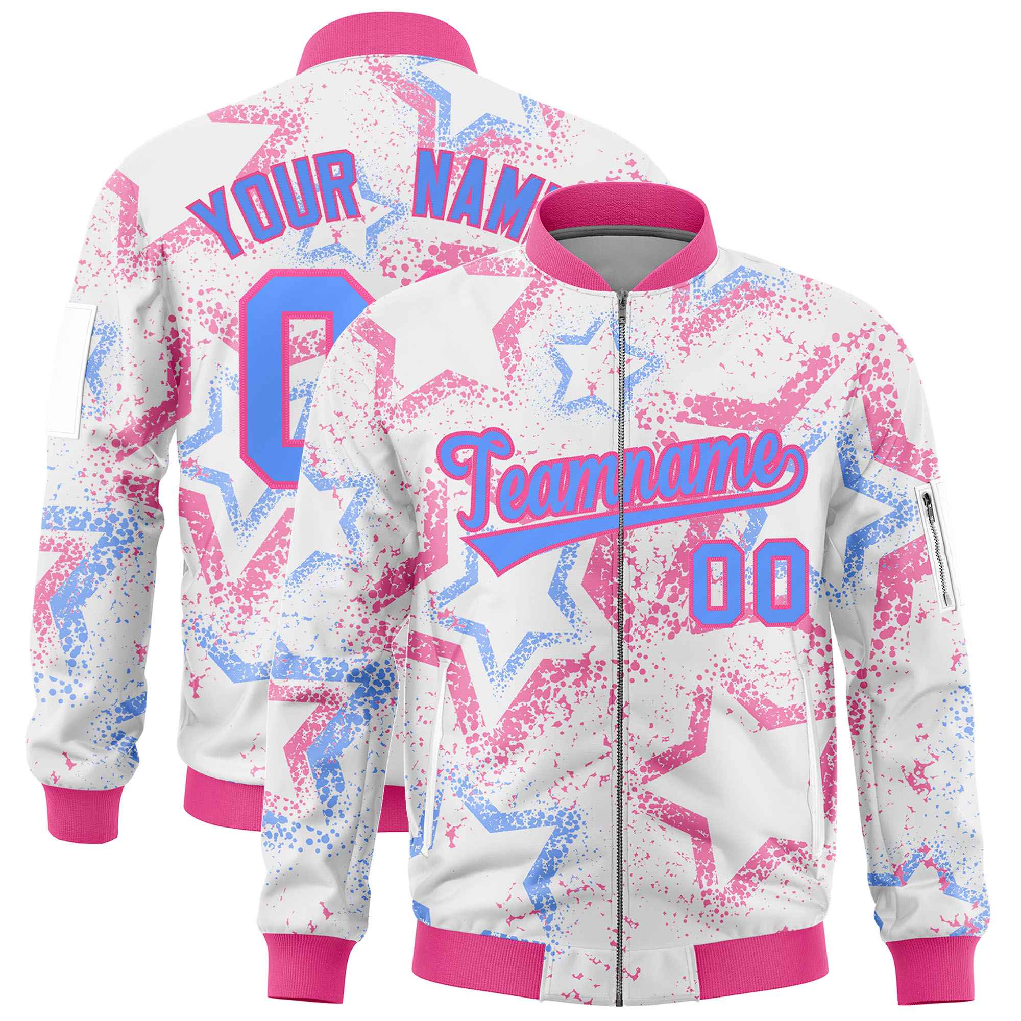 Custom White Varsity Full-Zip Star Pattern Letterman Bomber Jacket