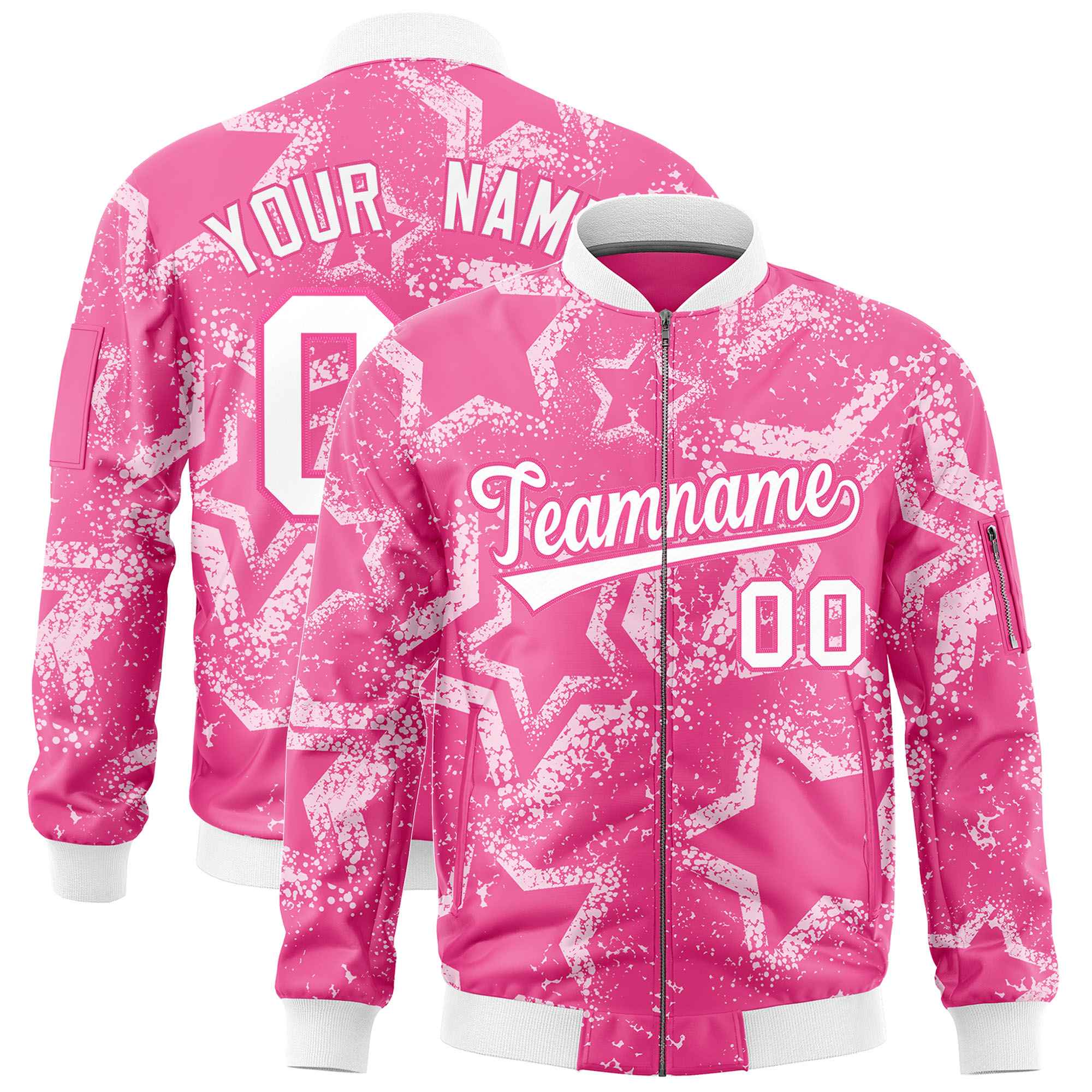 Custom Pink Varsity Full-Zip Star Pattern Letterman Bomber Jacket