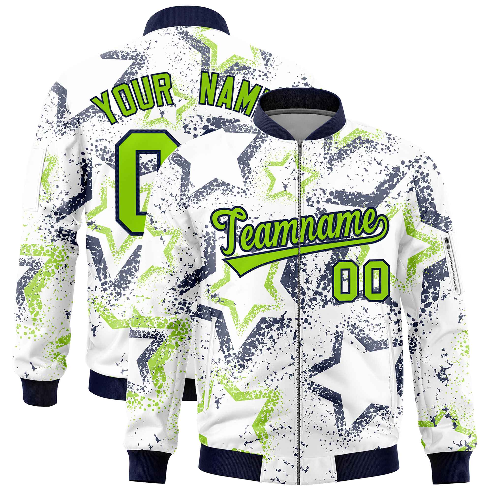 Custom White Varsity Full-Zip Star Pattern Letterman Bomber Jacket