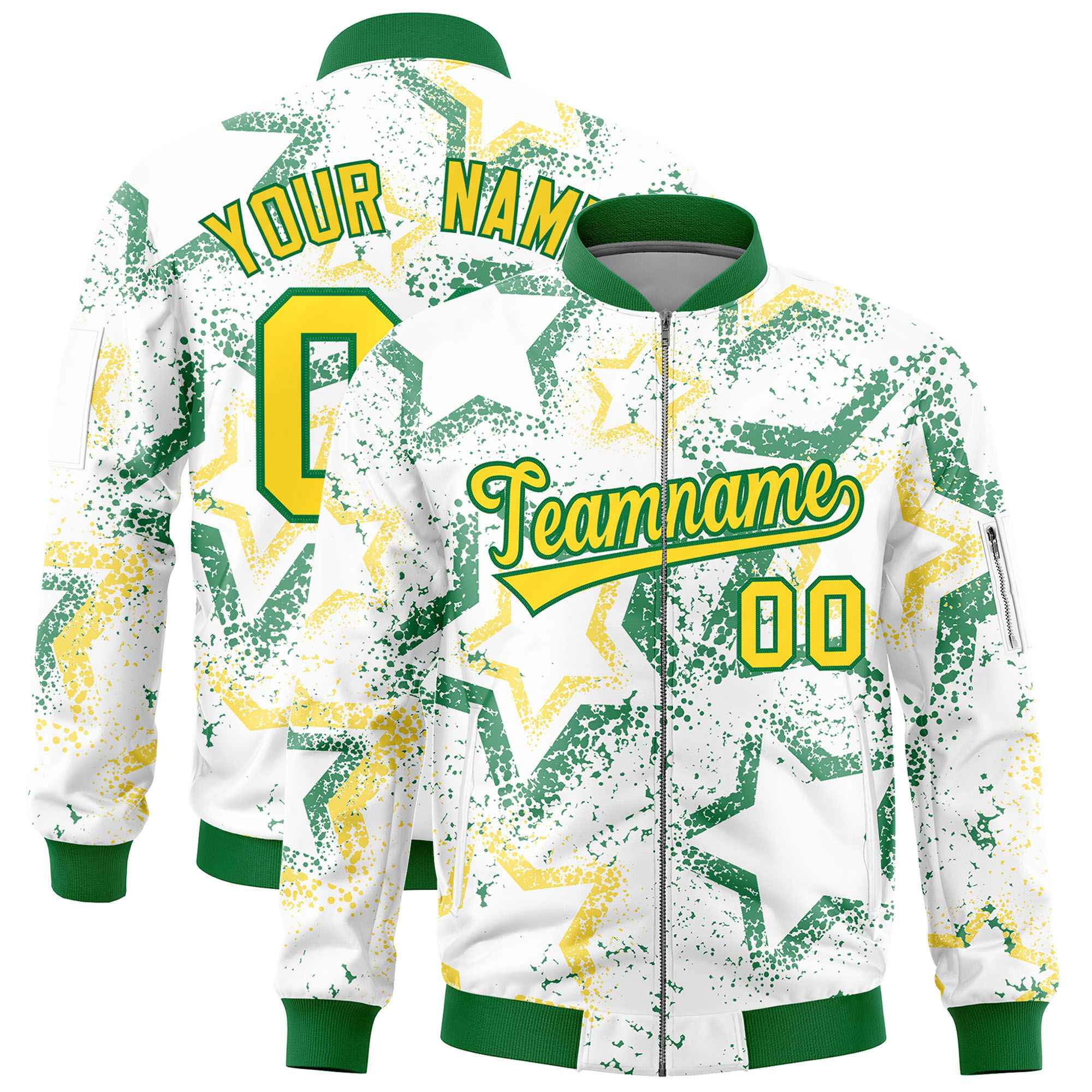 Custom White Varsity Full-Zip Star Pattern Letterman Bomber Jacket