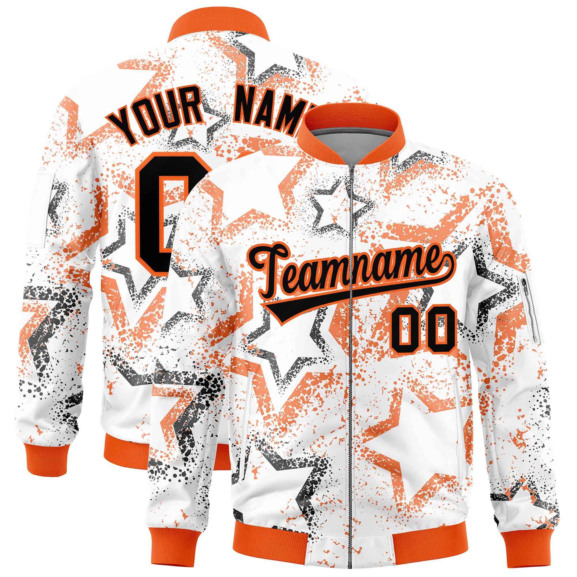 Custom White Varsity Full-Zip Star Pattern Letterman Bomber Jacket