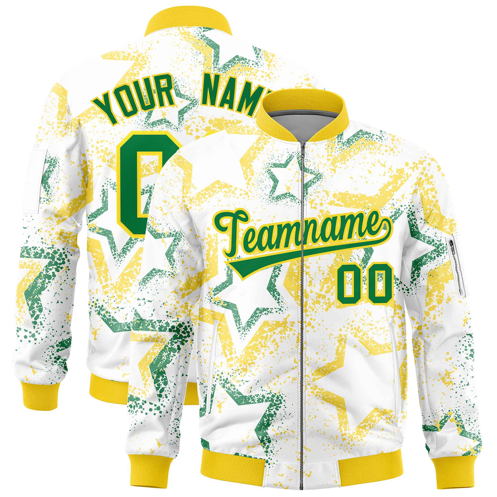 Custom White Varsity Full-Zip Star Pattern Letterman Bomber Jacket