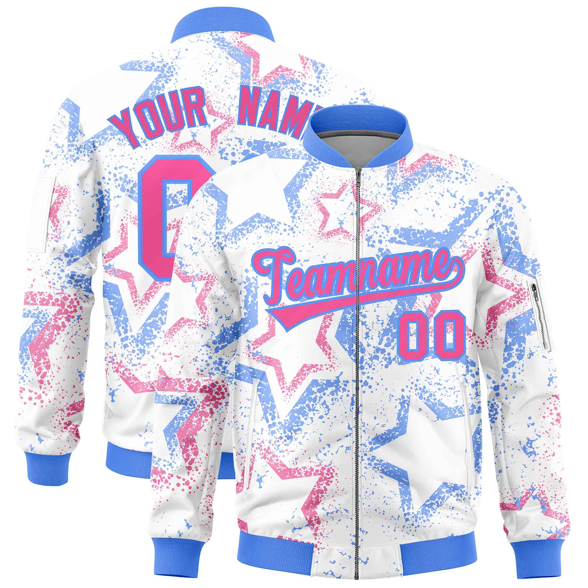 Custom White Varsity Full-Zip Star Pattern Letterman Bomber Jacket