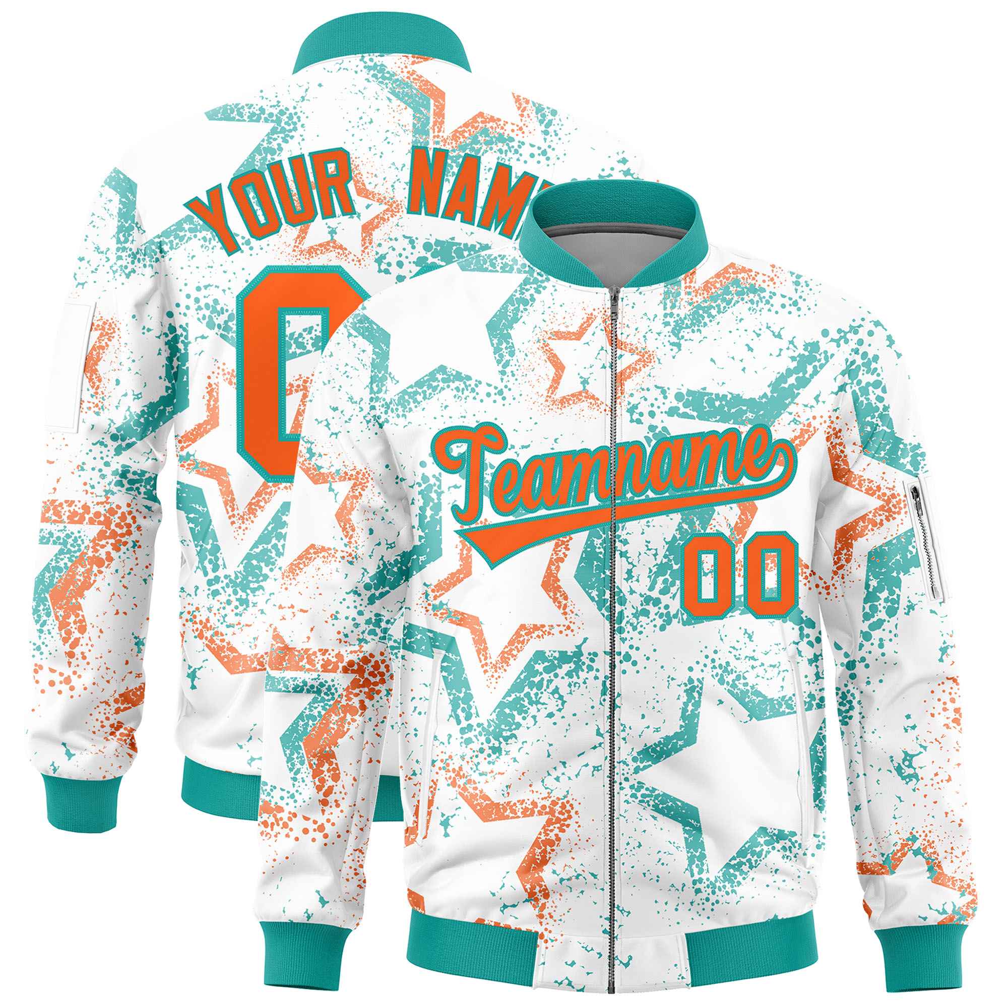 Custom White Varsity Full-Zip Star Pattern Letterman Bomber Jacket