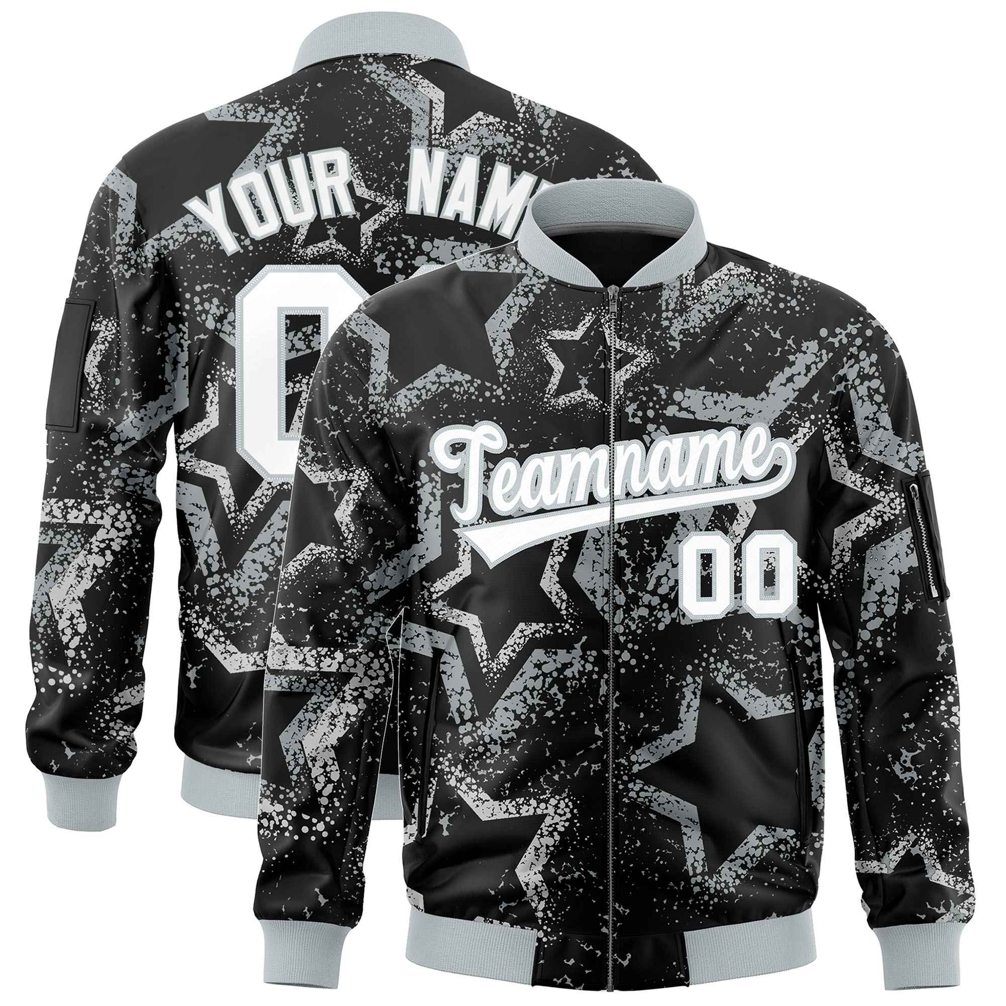 Custom Black Varsity Full-Zip Star Pattern Letterman Bomber Jacket