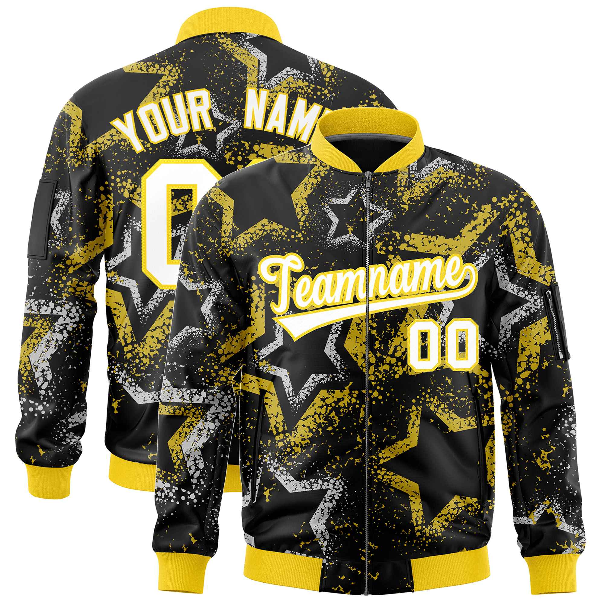 Custom Black Varsity Full-Zip Star Pattern Letterman Bomber Jacket