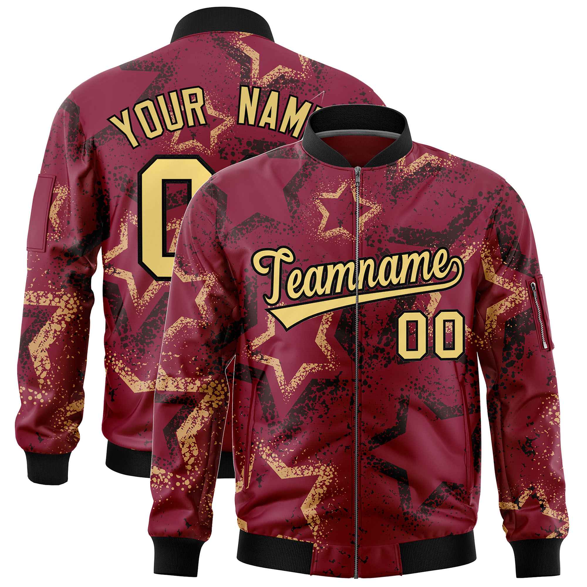 Custom Crimson Varsity Full-Zip Star Pattern Letterman Bomber Jacket