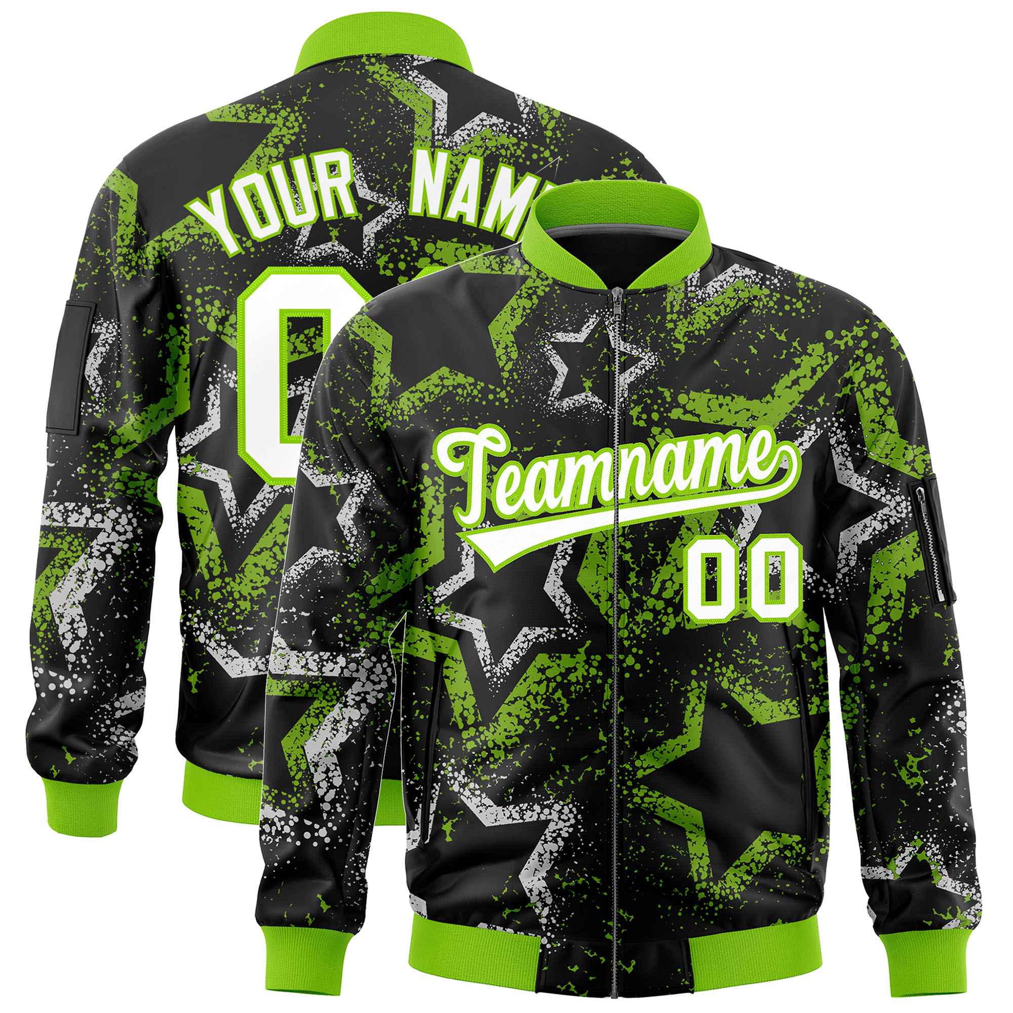 Custom Black Varsity Full-Zip Star Pattern Letterman Bomber Jacket