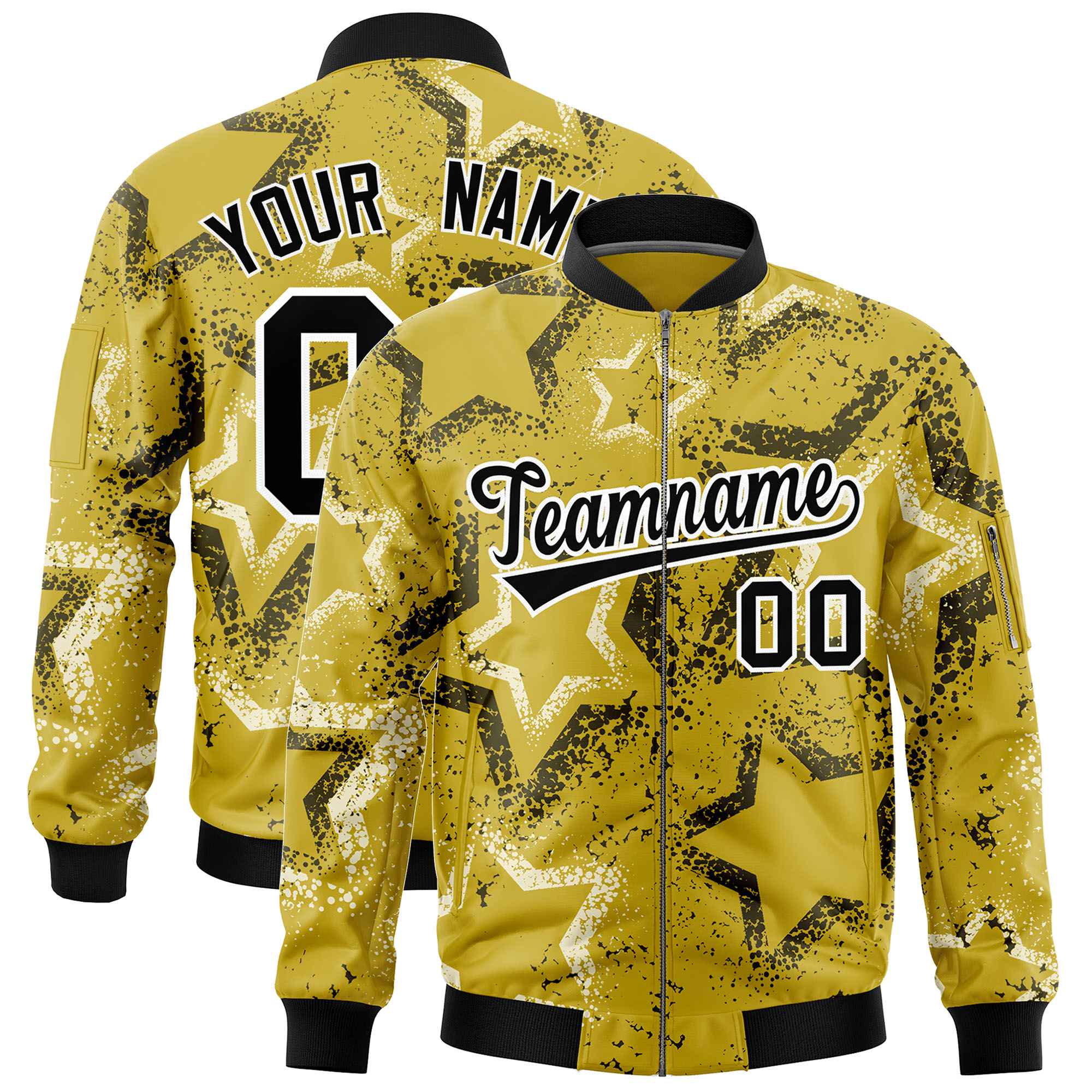 Custom Old Gold Varsity Full-Zip Star Pattern Letterman Bomber Jacket