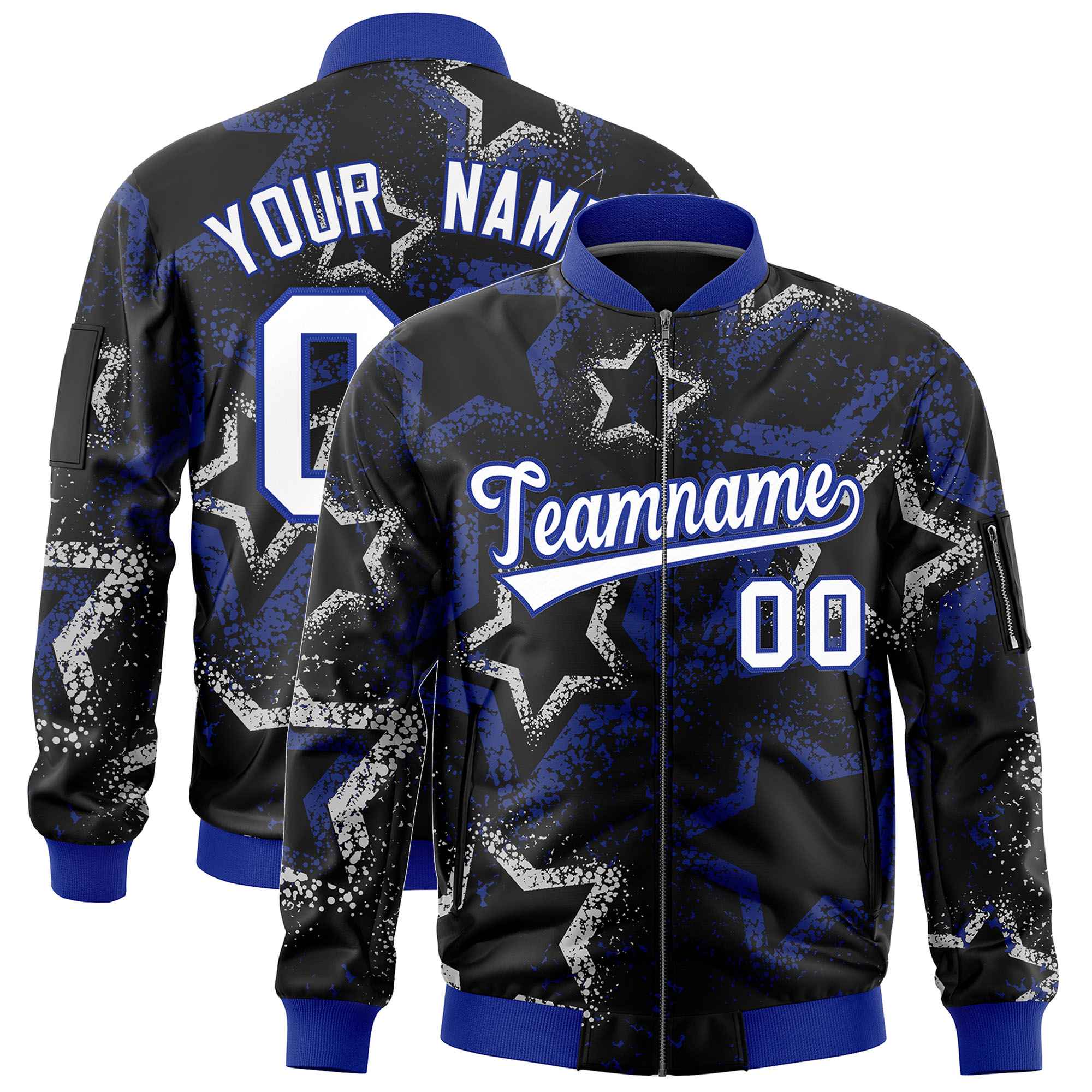 Custom Black Varsity Full-Zip Star Pattern Letterman Bomber Jacket