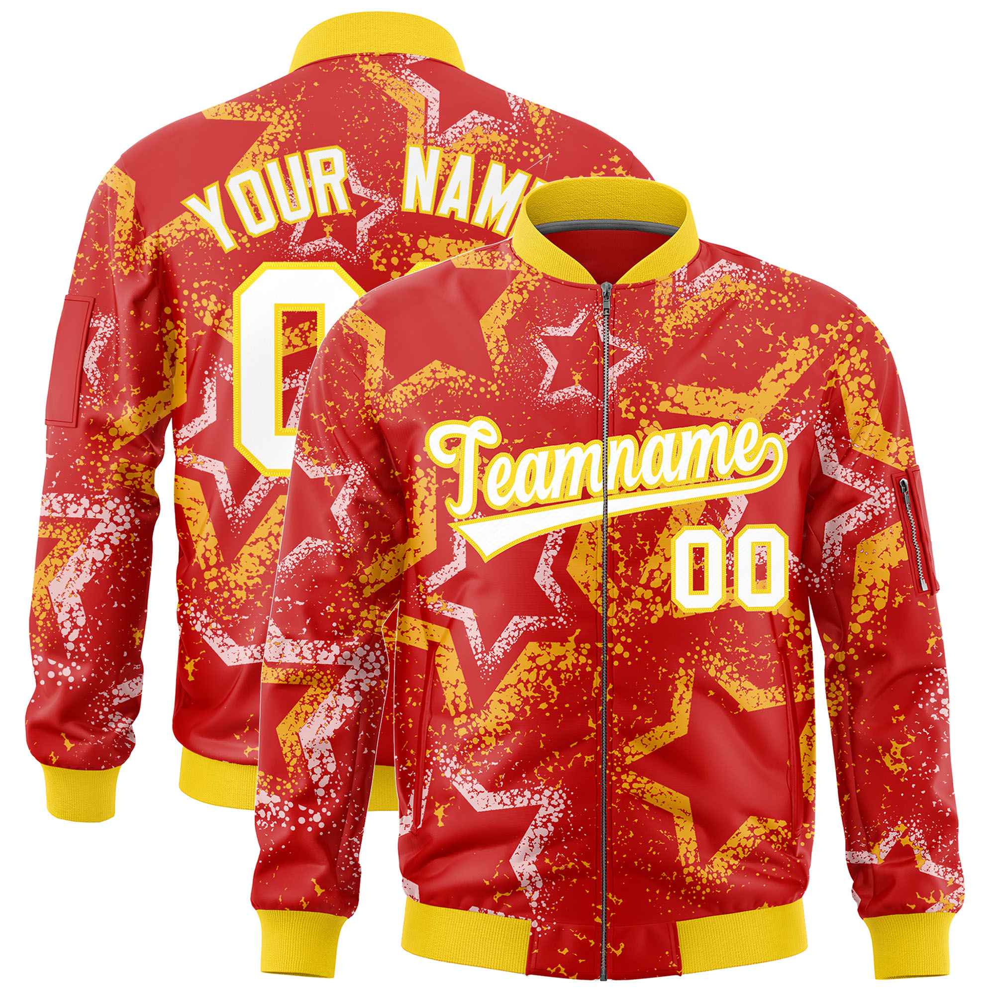 Custom Red Varsity Full-Zip Star Pattern Letterman Bomber Jacket