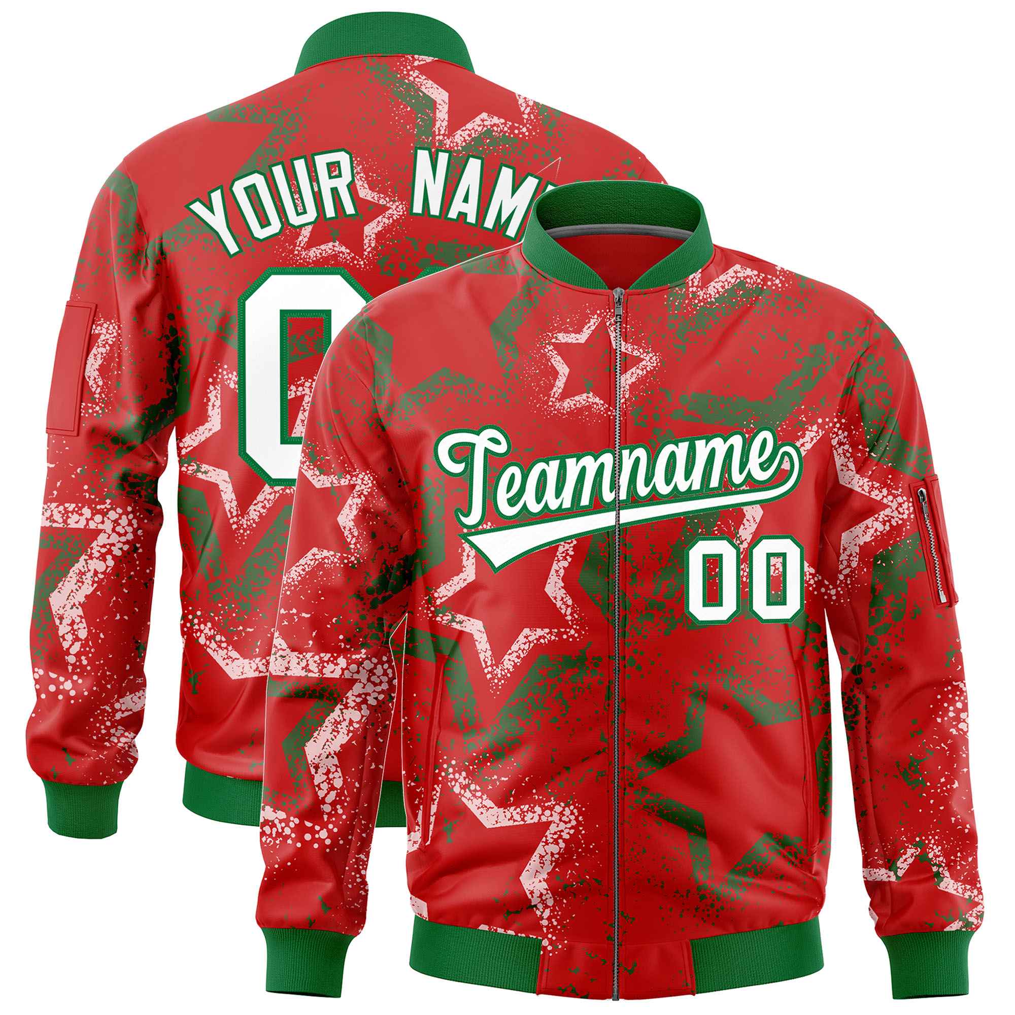 Custom Red Varsity Full-Zip Star Pattern Letterman Bomber Jacket