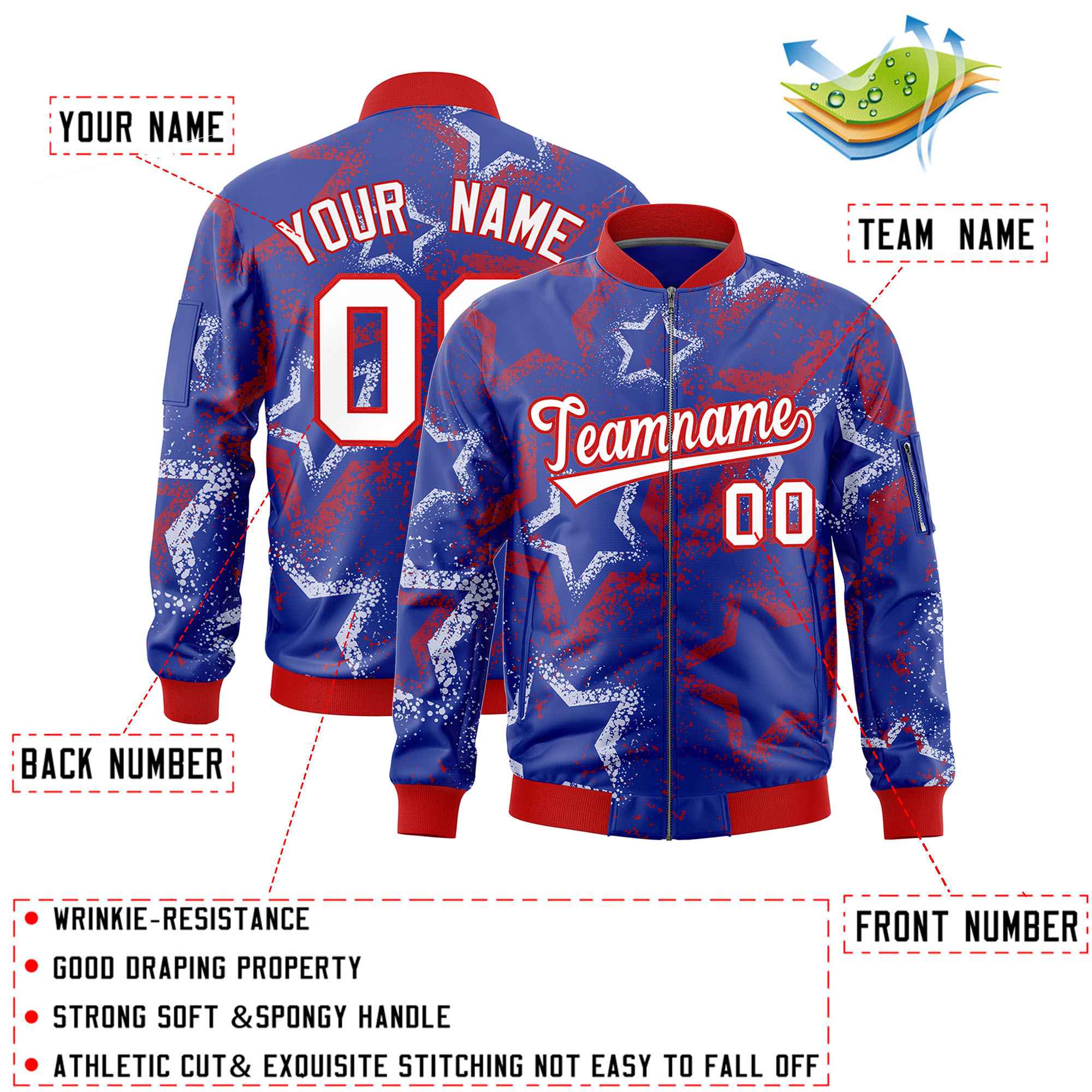 Custom Royal Varsity Full-Zip Star Pattern Letterman Bomber Jacket