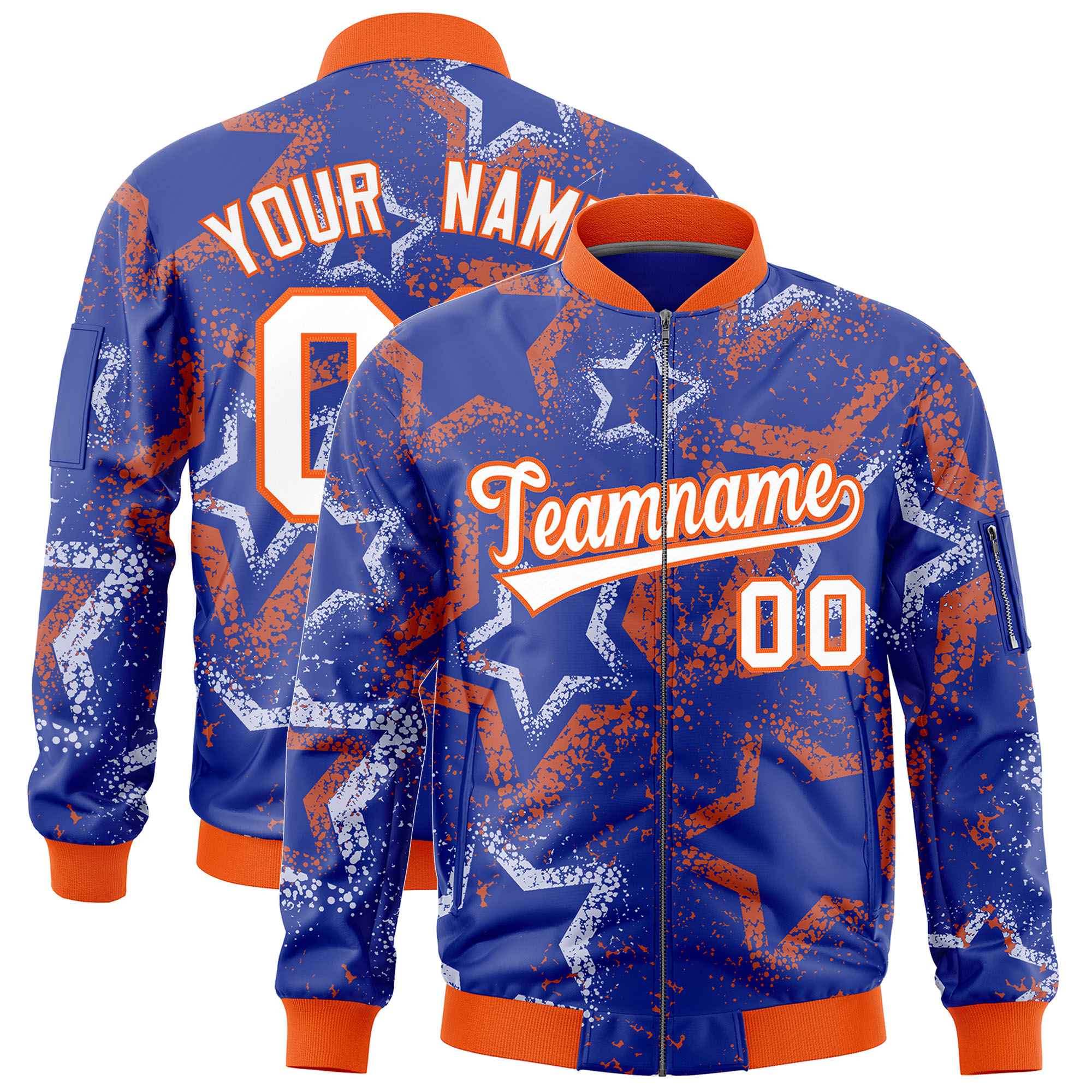 Custom Royal Varsity Full-Zip Star Pattern Letterman Bomber Jacket