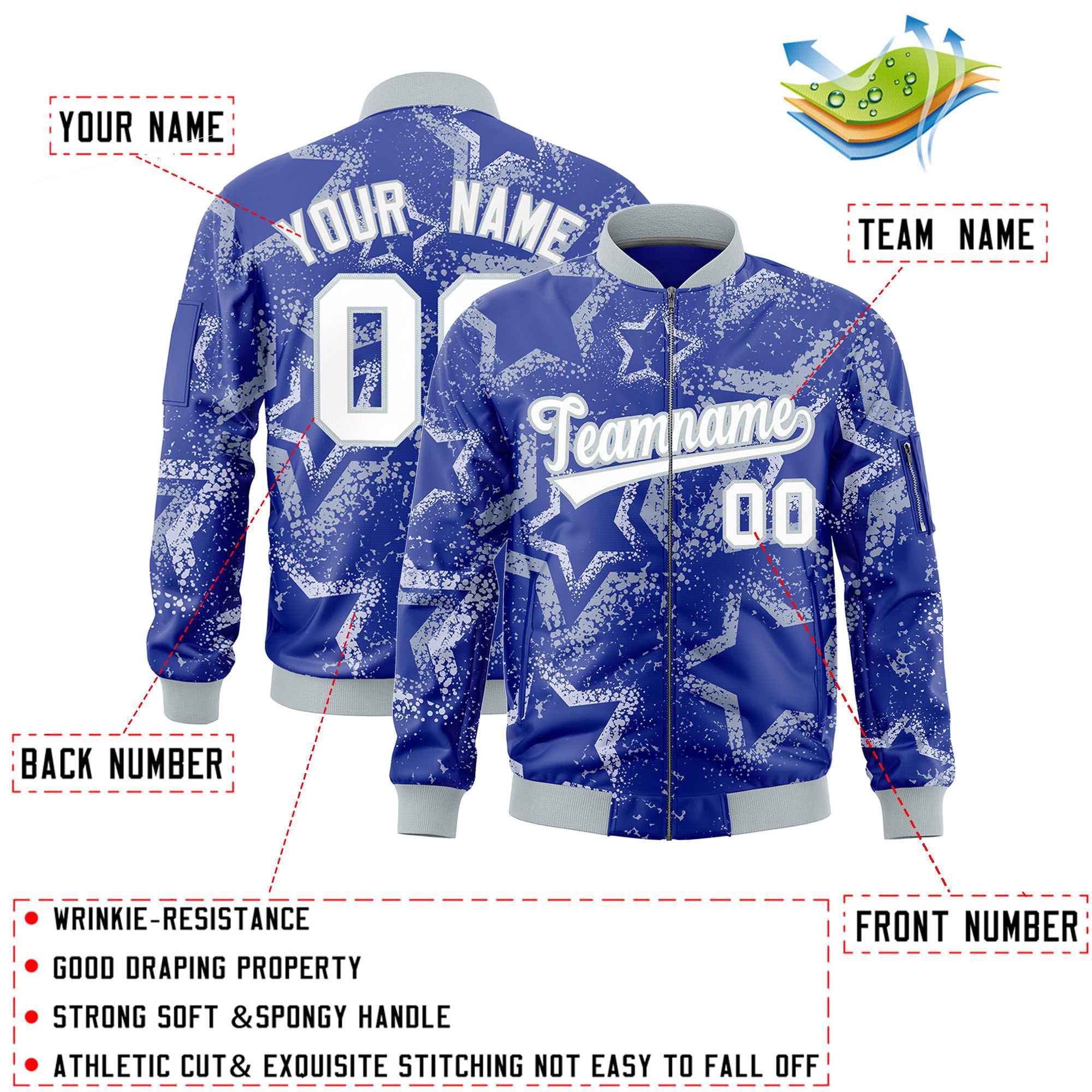 Custom Royal Varsity Full-Zip Star Pattern Letterman Bomber Jacket