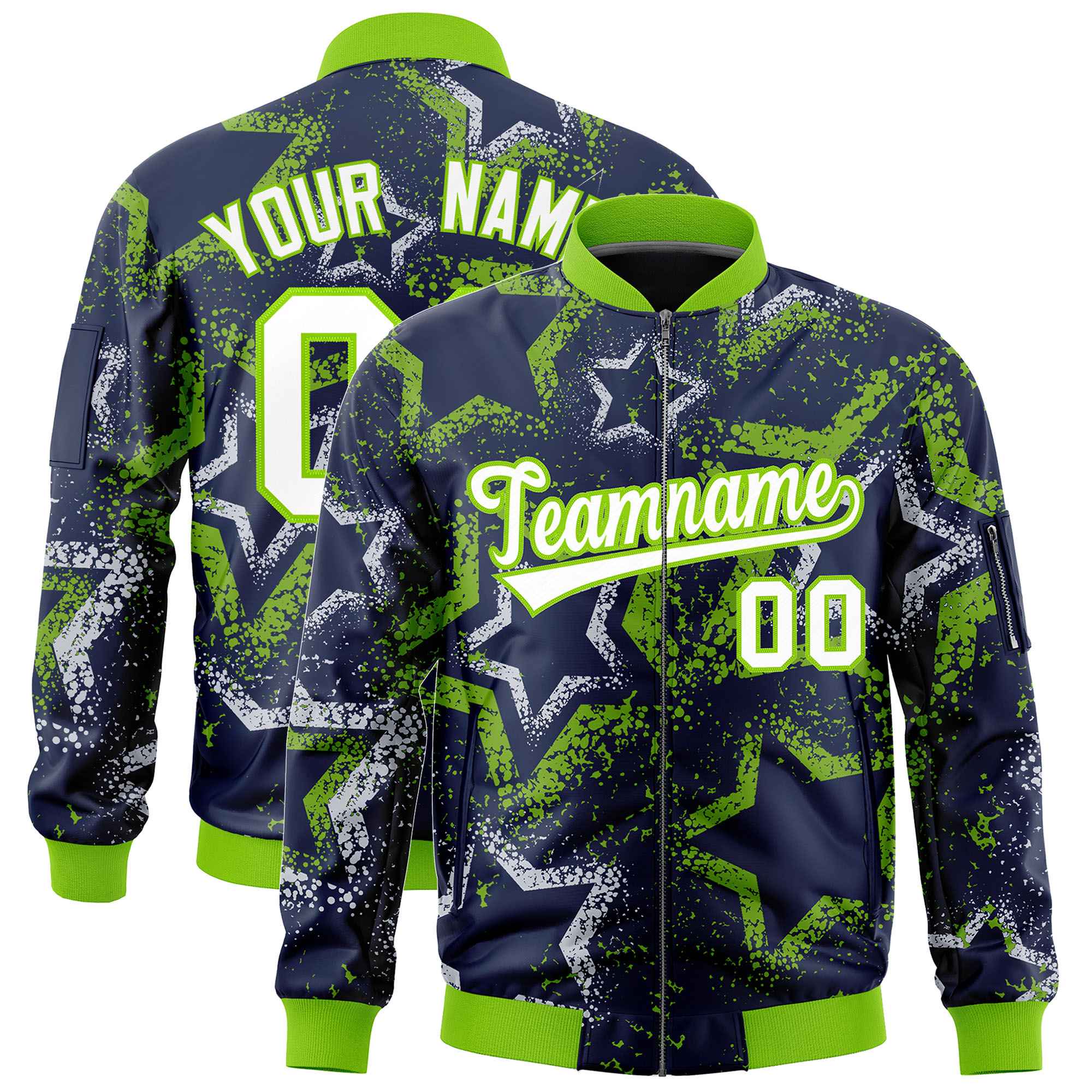 Custom Navy Varsity Full-Zip Star Pattern Letterman Bomber Jacket