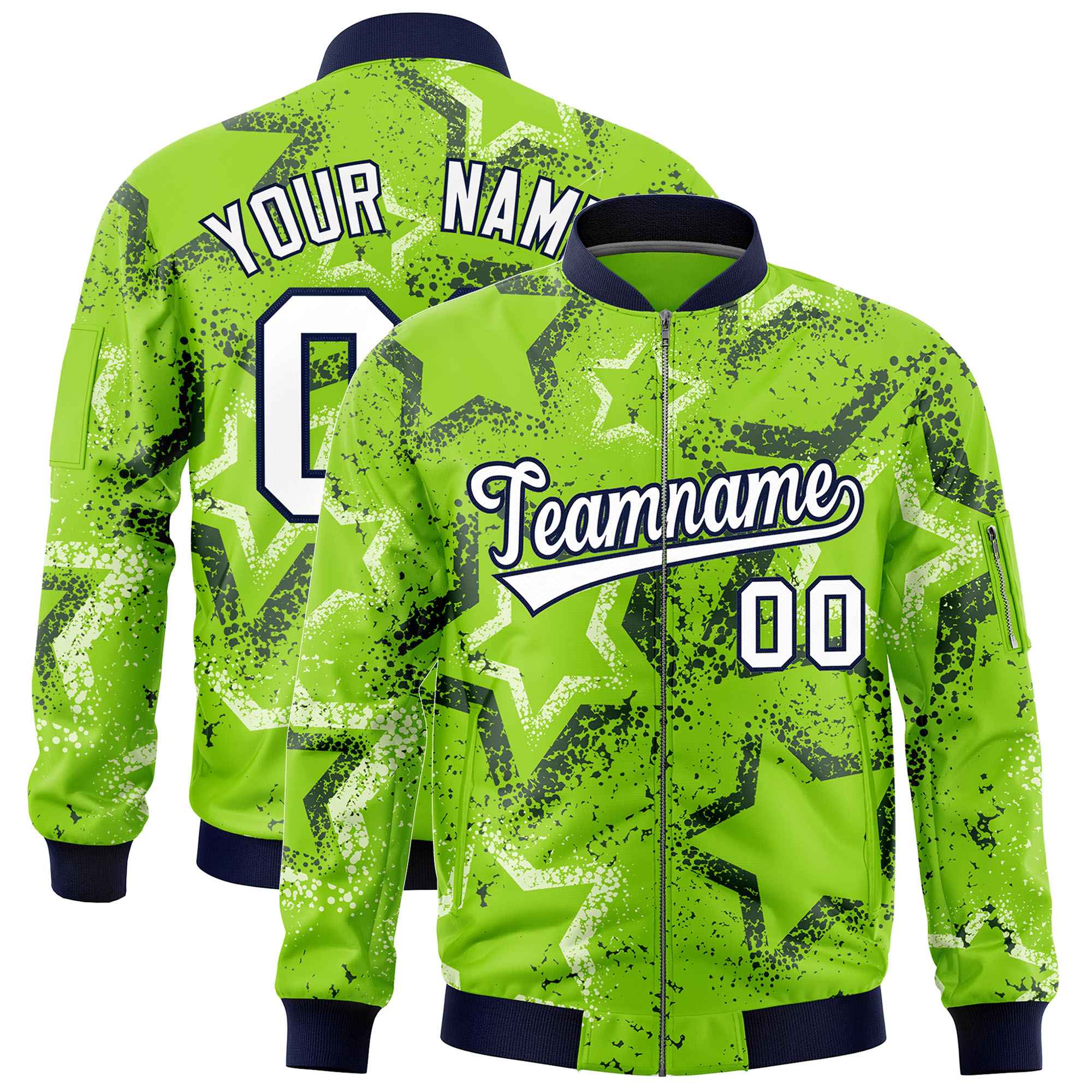 Custom Neon Green Varsity Full-Zip Star Pattern Letterman Bomber Jacket