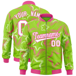 Custom Neon Green Varsity Full-Zip Star Pattern Letterman Bomber Jacket