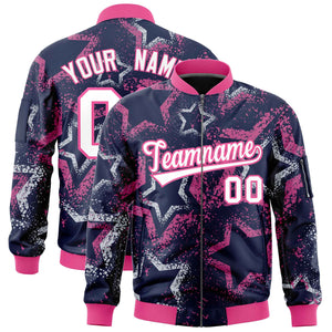 Custom Navy Varsity Full-Zip Star Pattern Letterman Bomber Jacket