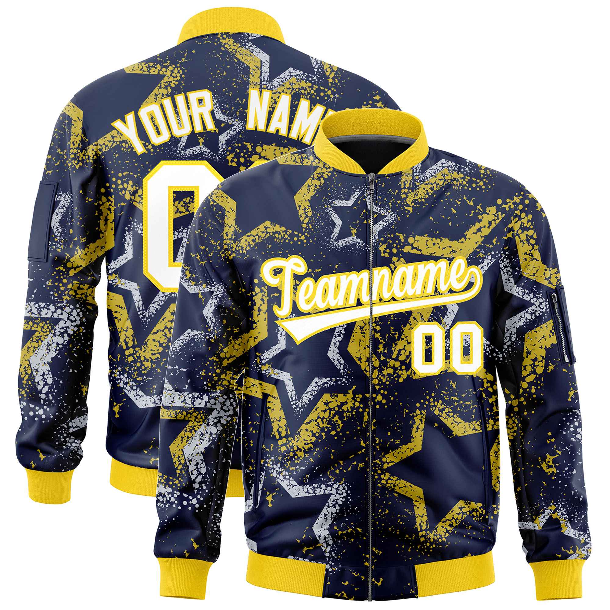 Custom Navy Varsity Full-Zip Star Pattern Letterman Bomber Jacket