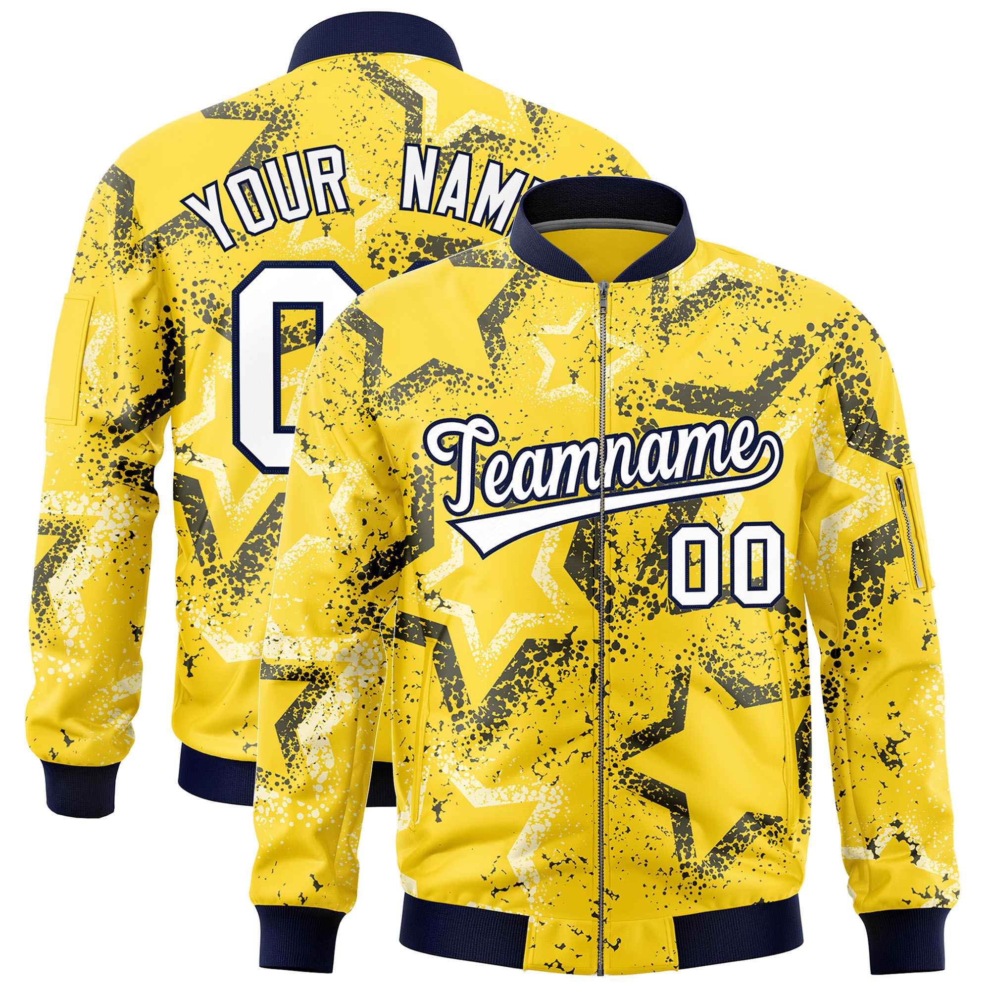 Custom Gold Varsity Full-Zip Star Pattern Letterman Bomber Jacket