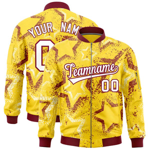 Custom Gold Varsity Full-Zip Star Pattern Letterman Bomber Jacket