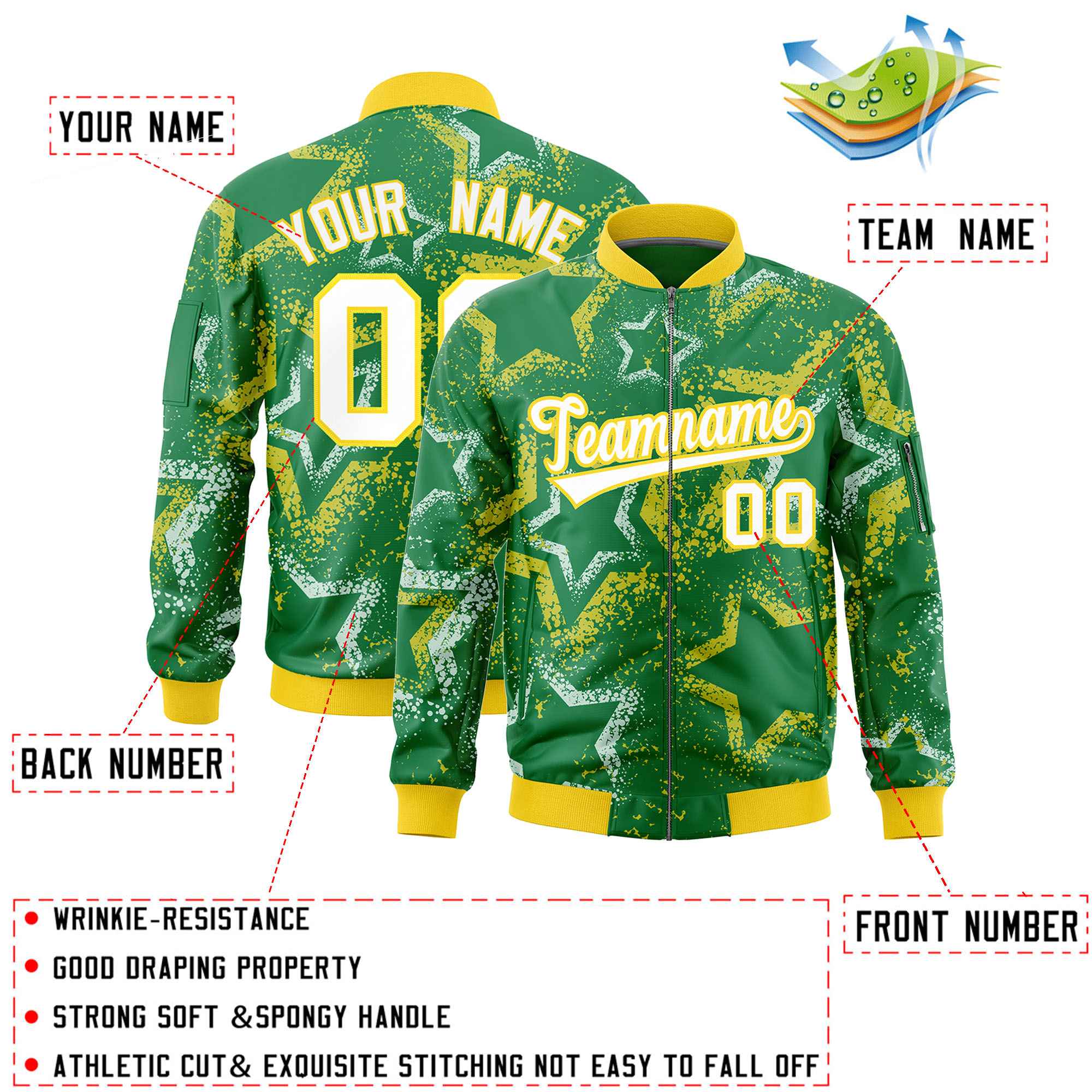 Custom Kelly Green Varsity Full-Zip Star Pattern Letterman Bomber Jacket