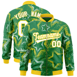 Custom Kelly Green Varsity Full-Zip Star Pattern Letterman Bomber Jacket