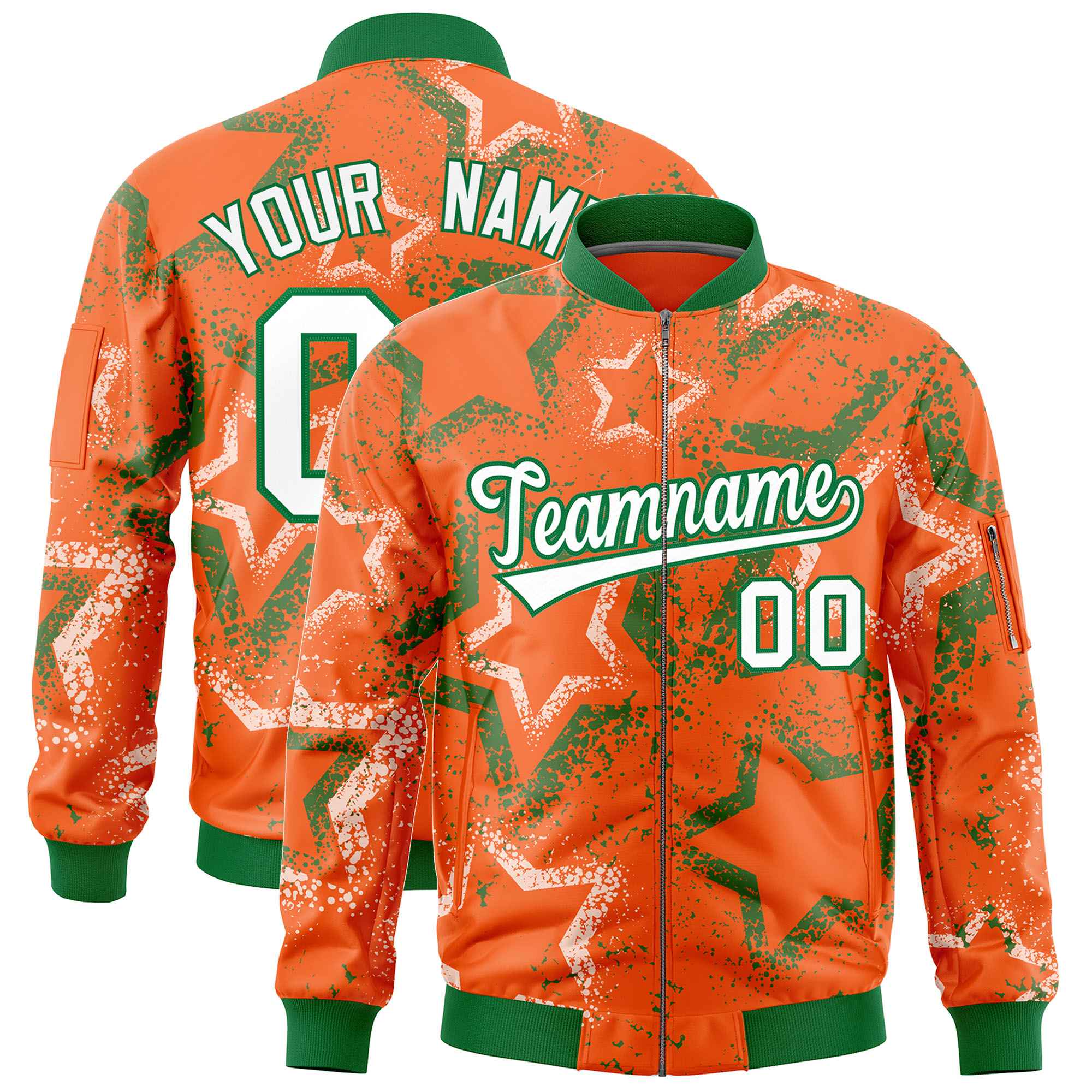 Custom Orange Varsity Full-Zip Star Pattern Letterman Bomber Jacket