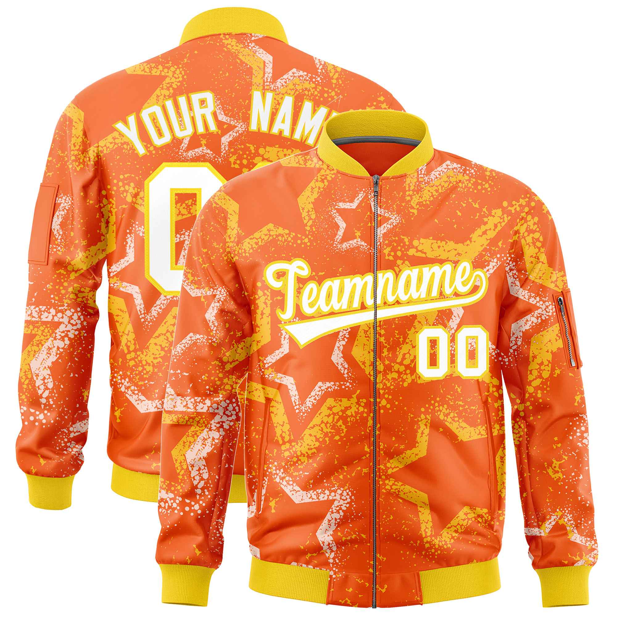 Custom Orange Varsity Full-Zip Star Pattern Letterman Bomber Jacket