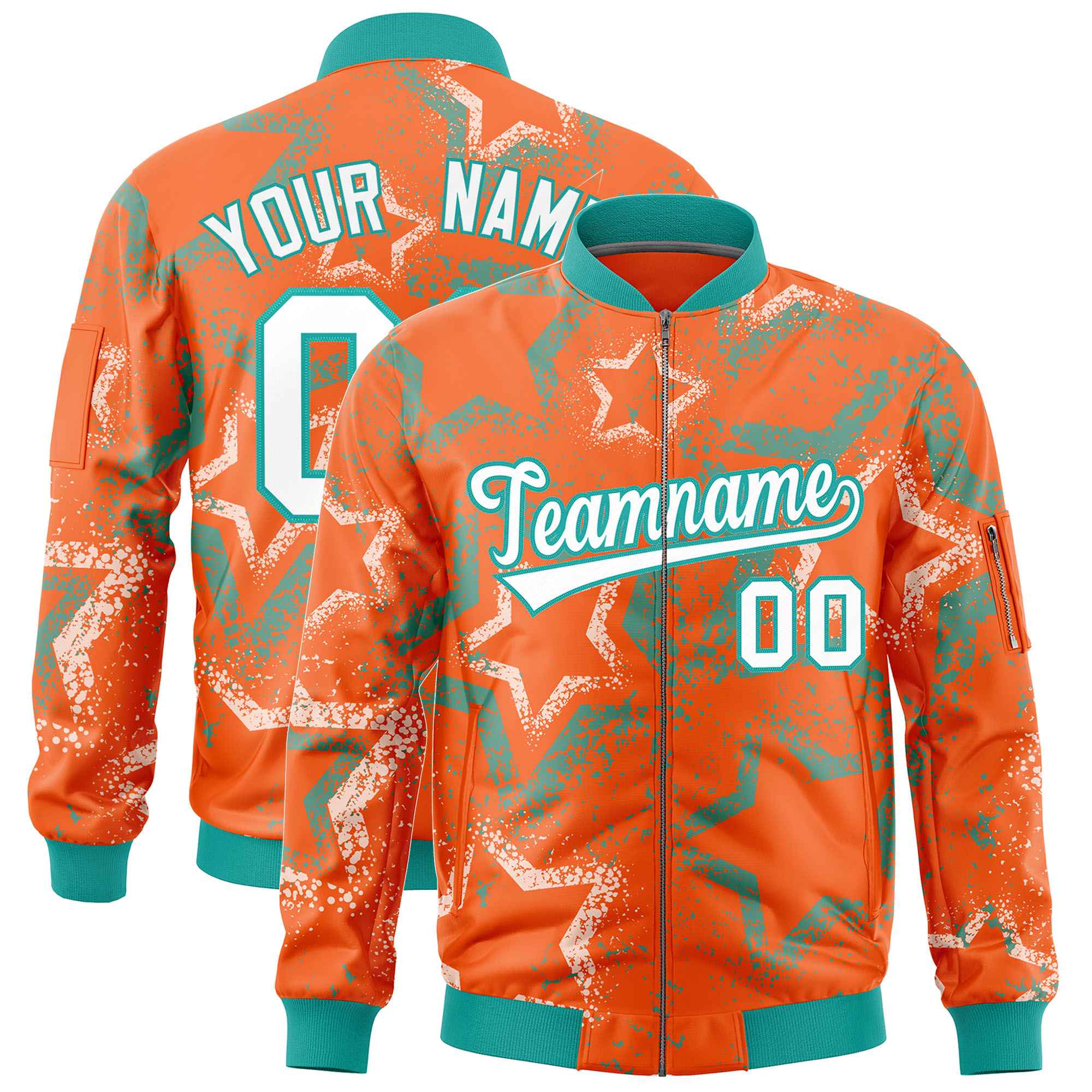 Custom Orange Varsity Full-Zip Star Pattern Letterman Bomber Jacket