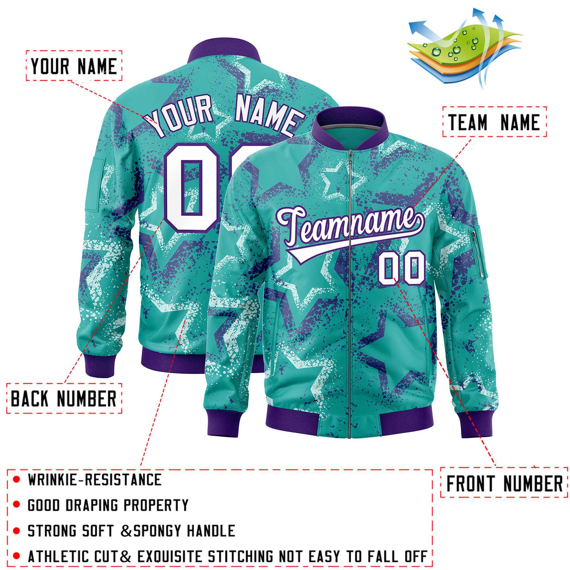 Custom Aqua Varsity Full-Zip Star Pattern Letterman Bomber Jacket