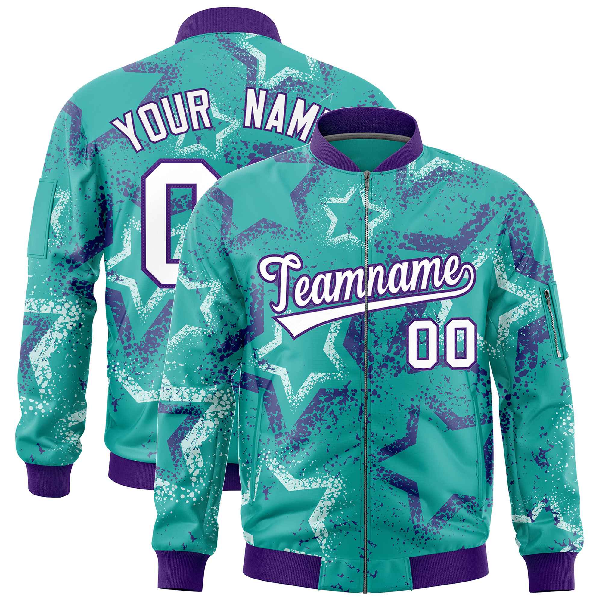 Custom Aqua Varsity Full-Zip Star Pattern Letterman Bomber Jacket