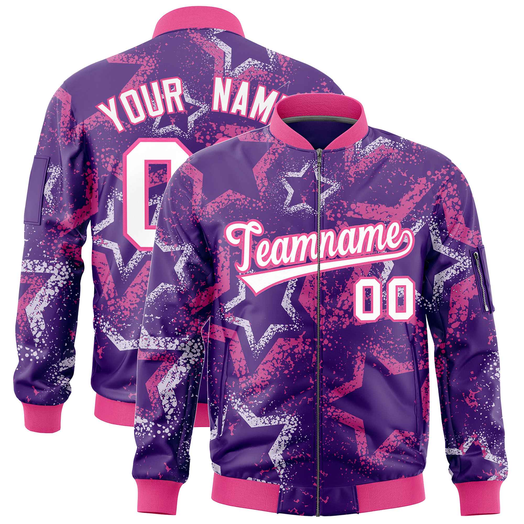 Custom Purple Varsity Full-Zip Star Pattern Letterman Bomber Jacket