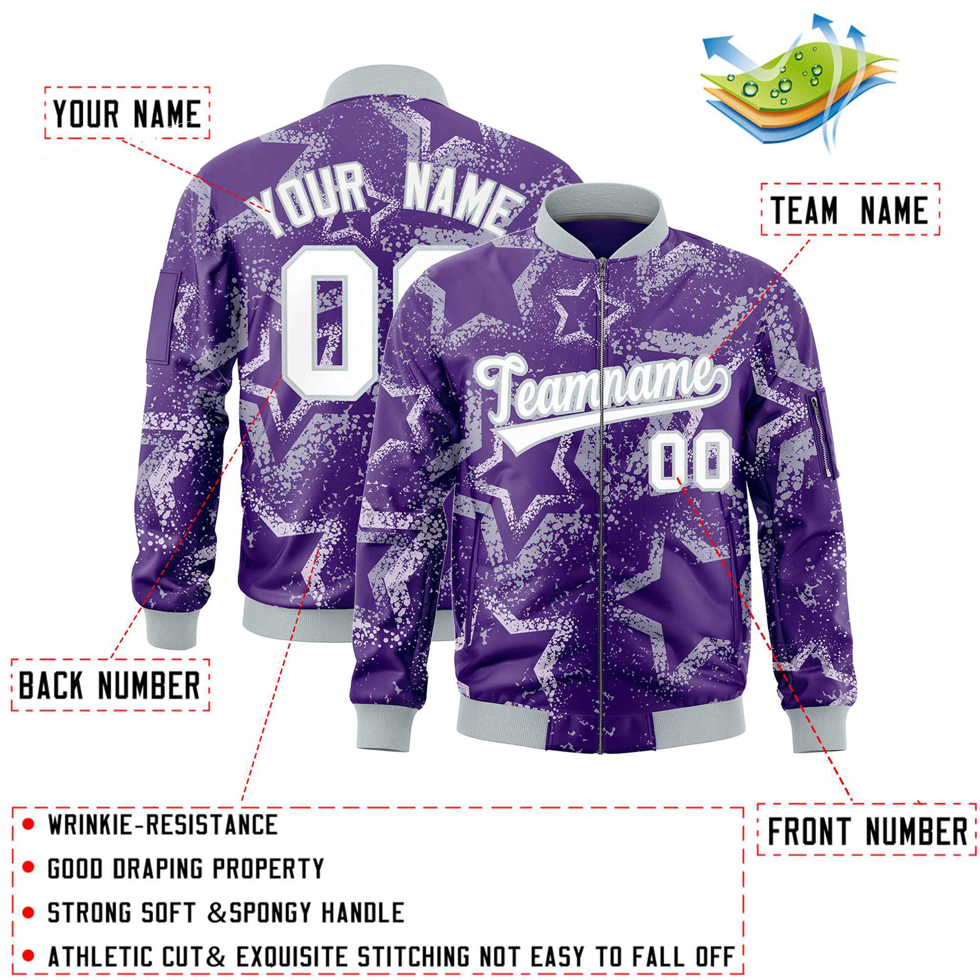 Custom Purple Varsity Full-Zip Star Pattern Letterman Bomber Jacket